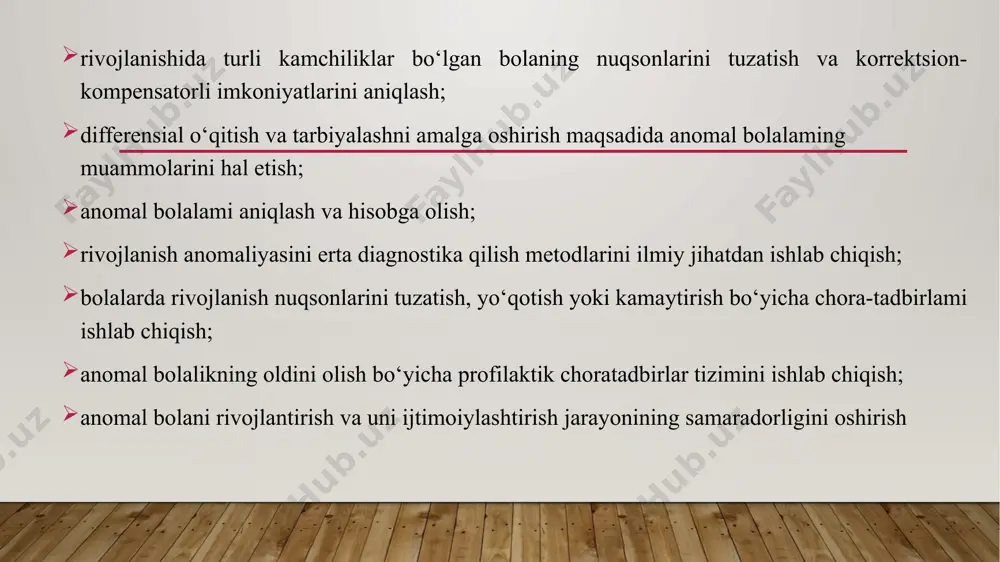 inlovchi differensial ta’lim tizimi bo‘lib, uning asosiy vazifasi bola rivojlanisbining umumiy darajasini oshirishga qaratilgan bilimlami tizimlashtirish, uning rivojlanishi va o‘qishidagi kamchiliklami yo‘qotish, zaruriy ko‘nikma va malakalamishakllantirish hamda bolaning idrok etish borasidagi kamchiliklami tuzatishdir. nazorat uchun savol va topshir1qlar 1. korrektsion pedagogika fani nimani o‘rganadi? 2. korrektsion pedagogika fani yana qanday nomlar bilan ataladi? 3. korrektsion pedagogikaning qanday sohalari mavjud? 4. korrektsion pedagogikaning asosiy vazifalariga nimalar kiradi? 5. korrektsion pedagogikaning asosiy kategoriyalariga nimalar kiradi? 6. anomal bilan olib boriladigan korrektsion ishning asosiy yo‘nalishlariga nimalar kiradi? image2.png image1.jpg /docprops/thumbnail.jpeg