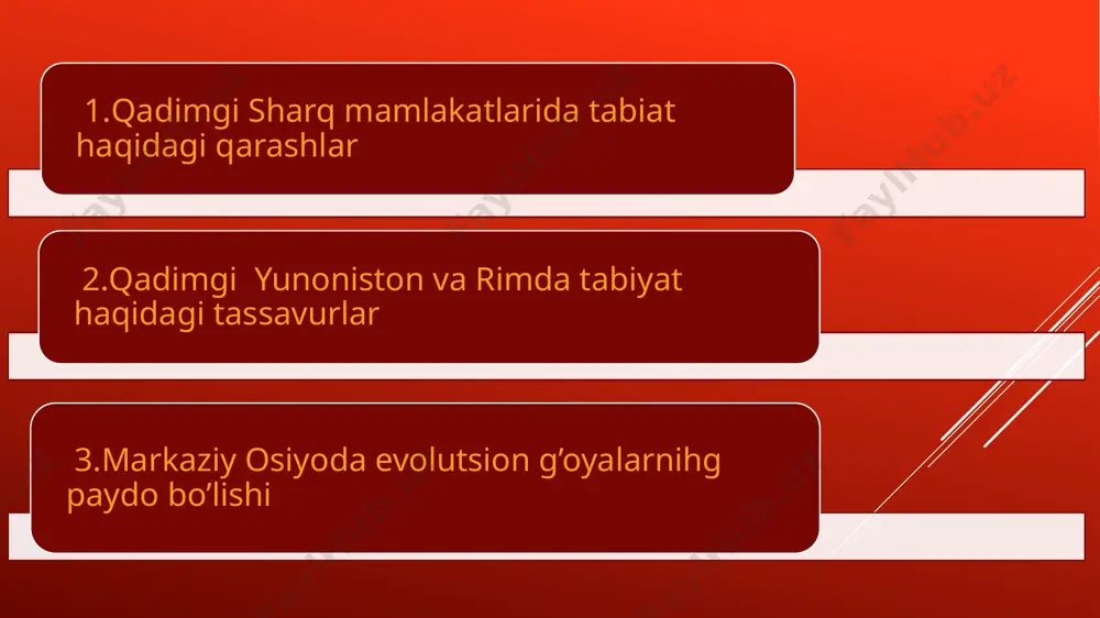 markaziy osiyoda evolutsion g‘oyalarning paydo bo‘lishi. markaziy osiyo xalqlarining hayotida dehqonchilik, chorvachilik, tibbiyot va boshqa sohalardagi faoliyatni, tabiat hodisalarini tasvirlovchi kitoblar juda qadimdan mavjud bo‘lgan. chunonchi, ahmad ibn nasr jayxoniy (870–912) hindiston, markaziy osiyo, xitoy o‘simliklari va hayvonot dunyosi haqida qimmatli ma’lumotlar to‘plagan. u o‘simlik va hayvonlarning tarqalishi, mahalliy xalqlar foydalanadigan o‘simlik va hayvonlar, ularning tabiatdagi ahamiyati haqidagi ma’lumotlarni yozib qoldirgan. abu nasr forobiy (873–950) botanika, zoologiya, odam anatomiyasi va tabiatshunoslikning boshqa sohalarida mushohada yuritgan. u inson organizmi yaxlit sistema ekanligini, turli kasalliklar oziqlanish tartibining o‘zgarishi bilan bog‘liqligini ko‘rsatib bergan (81-rasm). farobiy inson dastavval hayvonot dunyosidan ajralib chiqqanligi, shu sababli odamda hayvonlarda ba’zi o‘xshashliklar saqlanib qolganligi haqidagi ﬁkrni ilgari surgan. u tabiiy tanlanish, sun’iy tanlashni e’tirof etgan. -o‘rta asrlardagi tabiat fani rivojiga beruniy va abu nasr farobiy ibn sino katta hissa qo‘shganlar. abu rayhon beruniy (973–1048) ko‘rsatishicha, tabiat beshta elementdan; bo‘shliq, havo, olov, suv va tuproqdan hosil bo‘lgan.beruniy qadimgi yunon …