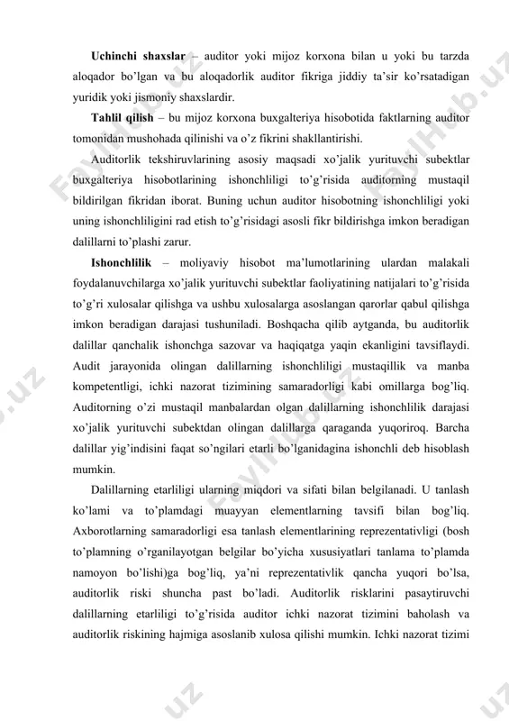ajmiga asoslanib xulosa qilishi mumkin. ichki nazorat tizimi qanchalik ishonchli va auditorlik riski qanchalik past bo’lsa, auditordan shunchalik kam dalil-isbotlar to’plash talab etiladi. dalillarning etarliligini aniqlashda quyidagi holatlarni hisobga olish zarur: mustaqil manbalar (uchinchi shaxslar)dan olingan dalillarning mijoz-korxona xodimlaridan olingan dalillarga nisbatan ishonchliroq ekanligi; auditorlik tashkilotining mustaqil tekshiruvi yoki tahlili natijasida olingan ma’lumotlarning uchinchi shaxslardan olingan ma’lumotlarga qaraganda ishonchliroq ekanligi; hujjatlar va yozma ko’rsatmalar shaklidagi auditorlik dalillarining og’zaki ko’rsatmalarga qaraganda ishonchliroq ekanligi. nihoyat, turli manbalardan olingan dalillardan foydalanish natijasida qilingan xulosalarni taqqoslash imkoniyatlarini hisobga olish kerak. amaldagi standartlarga muvofiq auditorlik baholash uchun zarur ma’lumotlar miqdori qat’iy chegaralab qo’yilmagan. shu boisdan auditor o’zining professional fikriga tayangan holda xo’jalik yurituvchi subekt moliyaviy hisoboti-ning ishonchliligi to’g’risida xulosa tuzish uchun zarur bo’ladigan ma’lumotlarning miqdori haqida mustaqil qaror qabul qilishi lozim. auditorlik dalillarining o’z vaqtida to’planishiga alohida e’tibor berish zarur. aks holda ular oshiqcha va keraksiz bo’lib qoladi. o’z vaqtidalik har bir auditorlik dalilining tekshirilayotgan …