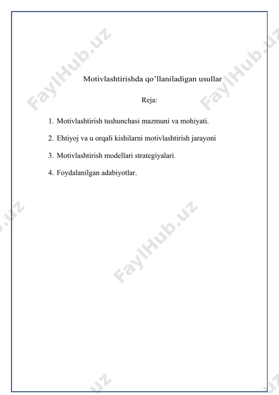 qandaydir (bilib yoki bilmay orzu qilinayotgan) ehtiyojga bo’lgan etishmovchilikdan yoki qoniqishning etarli, yoxud umuman yo’qligidan boshlanadi. so’ngra shu qoniqishga erishish uchun maqsad sari harakat qilinadi. ehtiyojning qondirilishi darajasi kishini kelajak sari intilishini belgilab beradi. agar u muayyan narsadan qoniqish hosil qilsa, u holda keyingi motiv uni boshqa yuqoriroq ehtiyojga rag’batlantiradi. jahon amaliyotida motivatsiya vositasida unumli mehnatga chorlashning turli nazariyalari mavjud. · bular jumlasiga: · "x" (iks) va "y" (igrek) nazariyasi; · kutish nazariyasi; · boisiy (gigienik) tozalanish nazariyasi; · adolatlilik (haqqoniylik) nazariyasi; · ehtiyojlar ustunligi nazariyasi. kutish nazariyasi amerikalik ruhshunos v.vrum tomonidan 1964 yilda ishlab chiqilgan. uning mohiyati shundaki, motivatsiya nafaqat ehtiyojni qondirishga, shuningdek maqsadga erishish uchun tanlangan xohishga ham bog‘liq. kutish nazariyasida 3ta muhim omilning o‘zaro munosabati asosiy o‘rinni tutadi: mehnat xarajatlari (mx) bilan natija (n) o‘rtasidagi farqni kutish (mx-n); natija (n) bilan rag‘batlantirish (r) o‘rtasidagi farqni kutish (n-r); rag‘batlantirish qiymati (k), ya’ni qoniqishning yoki qoniqmaslikning nisbiy ko‘rsatkichi. har …