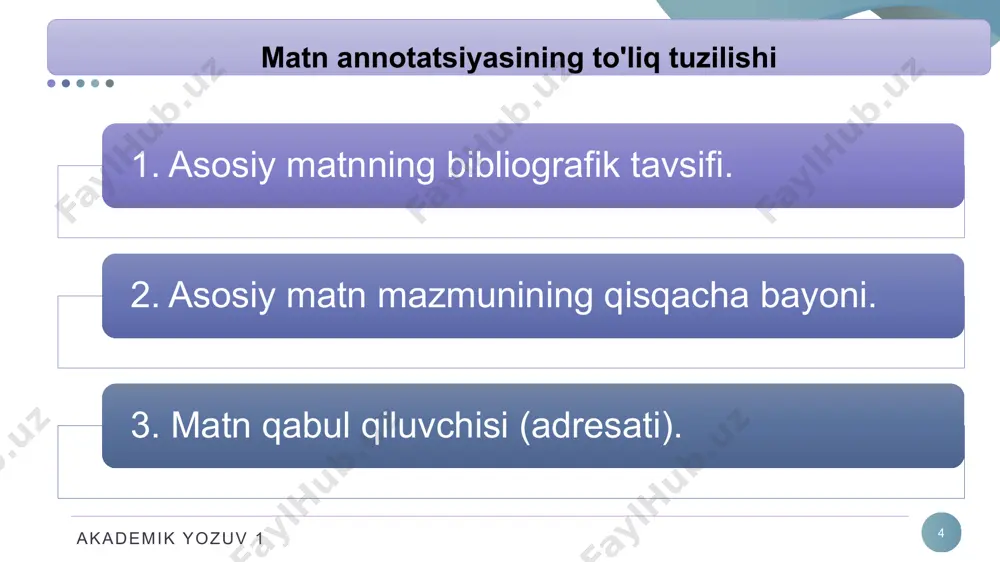 o`zgarishlar hamda erishilgan yutuqlarga tayanilgan. akademik yozuv 1 15 namunalar h.umarovning “adabiyot nazariyasi”(toshkent:sharq,2002) darsligining annotatsiyasi respublika universitetlarining o`zbek filologiyasi yo`nalishi (fakultetlari)da “adabiyot nazariyasi” bakalvriatining 4-kursida o`rganiladi. unda adabiyot, badiiy asar, ijodiy jarayonning muhim qonuniyatlari, adabiy tur va janr, ijodiy metod va uslub muammolarining mohiyati, so`z va so`zshunoslikning sehr-u jozibasi haqida zarur nazariy ta`limot beriladi. ushbu darslik oliy o`quv yurtlarining filolog talaba-bakalavrlari, magistrlari, tadqiqotchilari, aspirantlari, doktorantlari va adabiyotga qiziquvchi barcha ijodkorlarga mo`ljallangan. akademik yozuv 1 16 1. n. jiyanova, o. mo‘ydinova. nutq madaniyati. – t.: “ilm ziyo zakovat”, 2019. 221 b 2. xolmonova z. adabiy tildan ma’ruzalar umumlashmasi-t.: «o‘zbekiston», 2013, 250 b. 3. qo‘ng‘urov r., begmatov e., tojiyev yo. nutq madaniyati va uslubiyat asoslari, - t.: “fan”, 1992, 254b. 4. husanov.n., rasulov, mo‘ydinov q. nutq madaniyati va notiqlik san`ati .-t.: “iqtisod-moliya”, 2006. 5. м. ахмедова. нутқ маданияти ва профессионал нотиқлик. тату, 2017, 114б. 6. м. аминов, а. мадвалиев, н.махкамов, н маҳмудов. …