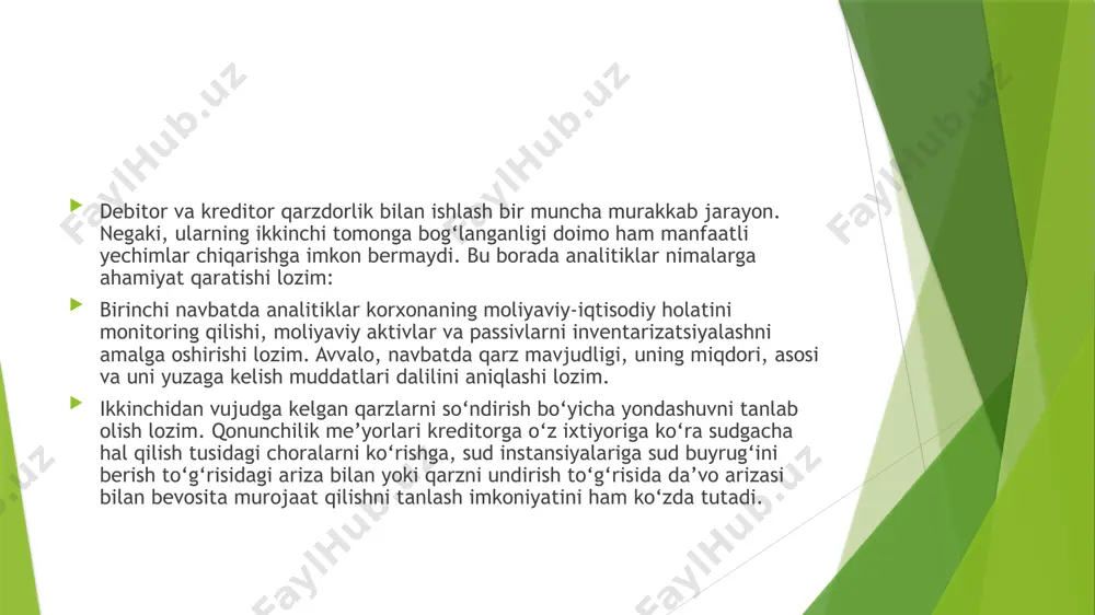 batlari sohasida boshqa qoidabuzarliklar sodir etilgan taqdirda yuzaga keladi. debitor va kreditor so‘zlari ma’nosini ko‘payish va kamayish, qo‘shish va chegirish, kirim va chiqim ma’nosida qarash mumkin. uning nomlanishiga asos qilib balansning aktiv va passiv qismlarga, hisobvaraqalarining aktiv va passiv turlarga tarkiblanishi asos qilib olingan. debitorlik va kreditorlik qarzlarini tahlil etishda tahlil mazmunini majburiyatlarni hajmi, tarkibi, vujudga kelish davri bo‘yicha o‘rganish, majburiyatlarining aylanuvchanligi, tahlikali majburiyatlarning himoyalanganlik darajasini baholash, majburiyatlarning yuzaga kelishi va ularning muddatini o‘tkazib yuborilish sabablarini o‘rganish, majburiyatlar balansini tuzish, majburiyatlarning moliyaviy holatga ta’sirini baholash tashkil etadi. debitorlik va kreditorlik majburiyatlari tahlilining vazifalari qatoriga quyidagilarni kiritish mumkin: aniq, to‘liq va o‘z vaqtida pul mablag‘lari va ularning harakati yuzasidan aniq hisob-kitoblarning yo‘lga qo‘yilganligini baholash; hisob-kitoblarning va to‘lov intizomiga qat’iy rioya qilinganlik holatini baholash; debitorlik va kreditorlik majburiyatlarining (qarzlarining) turlari, to‘lov muddatlari va asoslanganligi bo‘yicha tarkibini aniqlash; muddati o‘tgan debitorlik va kreditorlik majburiyatlari holatiga, ularning jami majburiyatlar tarkibidagi salmog‘iga baho berish; tovarlarni …