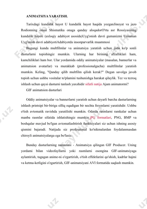 tiladi (ular har bir qahramon uchun har xil). 5. sahnalar bo'limlari kadrlar bo'yicha ijro etiladi va yoziladi. 6. bir qator epizodlarni tuzgandan so'ng musiqa va tovushlar o'rnatiladi (shuningdek, kutubxonadan). 7. belgilar dublyaj qilingan, buni mikrofon orqali amalga oshirish mumkin. 8. agar xohlasangiz, unvonlarni tayyorlashingiz mumkin. multfilm tayyor! ko'rib turganingizdek, hamma narsa oddiy, vizual, qiziqarli va samarali. multiplikatorning barcha harakatlari dizaynerning ishchi panelidagi yaxshi joylashtirilgan vositalar yordamida amalga oshiriladi. dastur bilan ishlashni o'zlashtirish uchun demo mavjud va batafsil tavsif harakat. bepul animatsiya loyihalari jascanimationshop - bu kompyuterda multfilm yaratish haqida savolni tushunishga imkon beruvchi eng oddiy dastur. hatto bolaga ham animatsiya yaratish tamoyillari va animatsiya ishining xususiyatlarini tushuntirish mumkin. skanerlangan rasmlarni bitta multfilmga birlashtirish uchun juda yaxshi. blender - bu katta vositalar to'plamiga ega bo'lgan va bir-biri bilan o'zaro aloqada dinamik ob'ektlarni yaratishga imkon beruvchi dastur. cartoonmaker - bu 6 yoshdan boshlab bolalar uchun mos keladigan multfilmlar va komikslar yaratish uchun …