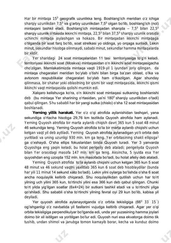 kengligi va uzunlik va uzunligini aniq toping. b, v, g nuqtalarini taxminan (o-yerning markazi; pva p1-qutblar;) ko‘rsating). eq-ekvator; pcp1-bosh meridian; pavp1-a nuqtaning meridiani; aov-burchagi-a nuqtaning kengligi; voc-burchagi a nuqtaning geografik uzunligi ekvator, qutblar, meridian va parallellarning gradus to‘rining elementlari hisoblanib, ular gorizont tomonlarini ham ko‘rsatib turadi: meridianlar yer sharining shimol va janubini, parallellar esa sharq va g‘arbini ko‘rsatadi. yer sharini xayolan meridian va parallellarga bo‘lib, koordinatalar sistemasini vujudga keltirishning ahamiyati juda katta. chunki kenglik va uzunliklardan foydalanib, yer sharidagi istagan nuqtani topish va aniqlash mumkin. ekvatorda bir gradus 111,3 km ga, bir minut 1,8 km ga, 1 sekund 30 m ga teng. 8) yerning o‘z o‘qi atrofida aylanishi tufayli vaqt birligi - sutka vujudga kelgan. bir sutkada, ya’ni 24 soat ichida yer sharidagi meridianlarning hammasi birin-ketin quyosh oldidan bir marta o‘tadi. quyoshga qarab turgan meridianda tush bo‘lsa, unga teskari turgan meridianda yarim kecha bo‘ladi. bunday jarayonni yerning sutkali ritmikligi deyiladi. …