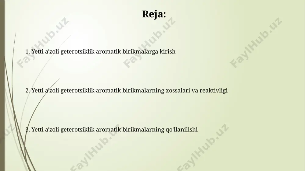 ak. spektroskopik xossalari mass-spektrometriya usuli 7-a'zoli geterotsikllar uchun molekulyar ion cho'qqilarini va xarakterli fragmentatsiya namunalarini aniqlash imkonini beradi, bu strukturaviy tahlil uchun muhimdir. ularning uv-vis spektroskopiyasi 250-350 nm oralig'ida xarakterli yutilish maksimalarini namoyon qiladi, bu π-elektron tizimining o'ziga xos xususiyatlarini ko'rsatadi. absorbsiya intensivligi almashinuvchilarning tabiati bilan bog'liq. tibbiy qo'llanilishi 7-a'zoli geterotsiklik aromatik birikmalar, masalan, oksasepimler, antibakterial xususiyatlarga ega boʻlib, bakteriyalarni oʻsishini 50% ga kamaytirishi mumkin. azepinlar va diazepinlar guruhiga kiruvchi birikmalar 10 dan ortiq preparatlar tarkibiga kiradi va asosan, psixotrop va antispazmodik ta'sirga ega, asab tizimi buzilishlarini davolashda qoʻllaniladi. tsikloheptadien va uning hosilalari tsikloheptadien 7 ta uglerod atomidan va ikkita qo'sh bog'dan iborat 7-a'zoli siklik alifatik birikma bo'lib, aromatik xususiyatga ega emas. tropiliy kationi (c7h7+), tsikloheptadienning aromatik hosilasidir va 7 ta pi-elektronni o'z ichiga oladi, bu esa huckel qoidasiga mos keladi va yuqori darajada barqaror birikma hisoblanadi. kimyoviy xossalari 7 a'zoli geterotsikllar uchun o'rtacha dipol momenti 1,5-2,5 d oralig'ida bo'lib, …