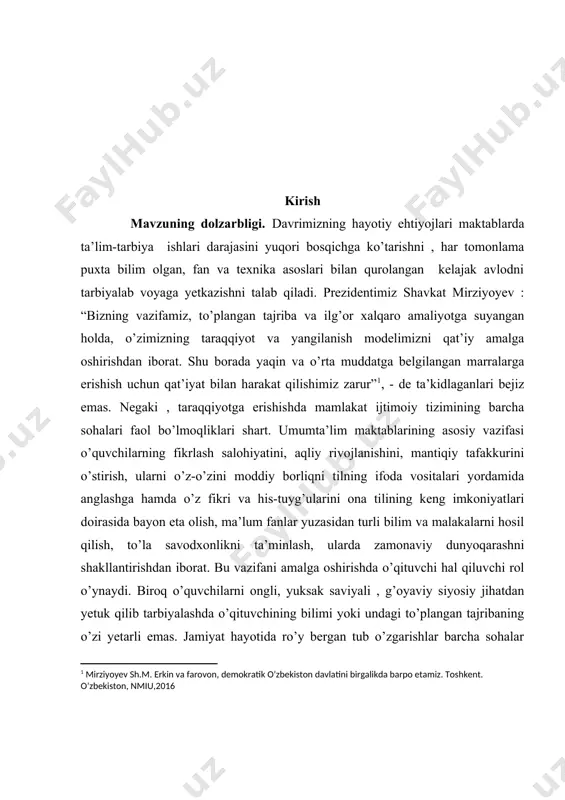 i o’stirish, ularni o’z-o’zini moddiy borliqni tilning ifoda vositalari yordamida anglashga hamda o’z fikri va his-tuyg’ularini ona tilining keng imkoniyatlari doirasida bayon eta olish, ma’lum fanlar yuzasidan turli bilim va malakalarni hosil qilish, to’la savodxonlikni ta’minlash, ularda zamonaviy dunyoqarashni shakllantirishdan iborat. bu vazifani amalga oshirishda o’qituvchi hal qiluvchi rol o’ynaydi. biroq o’quvchilarni ongli, yuksak saviyali , g’oyaviy siyosiy jihatdan yetuk qilib tarbiyalashda o’qituvchining bilimi yoki undagi to’plangan tajribaning o’zi yetarli emas. jamiyat hayotida ro’y bergan tub o’zgarishlar barcha sohalar kabi ilm-u fanning tubdan o’zgarishi, yangicha rivoj topishiga sabab bo’ladi. o’zbekistonning o’z istiqloliga erishishi o’zbek tilshunosligining rivoji va uning taraqqiyoti yo’llarini belgilab berishda, o’rganishda yangi davr ochdi. shu bois mamlakatimizning istiqlol yo’lidagi birinchi qadamlaridanoq buyuk ma’naviyatimizni tiklash va yanada yuksaltirish millat ta’lim-tarbiya tizimini takomillashtirish, uning milliy zaminini mustahkamlash, zamon talablari bilan yo’naltirish asosida jahon andozalari va ko’nikmalari darajasiga chiqarish maqsadiga katta ahamiyat berib kelinmoqda. bizning tanlagan malakaviy bitiruv ishimizning mazmuni ham …