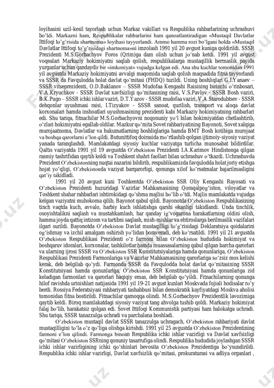demokratiya tamoyillariga asoslanib o’zbekiston ssrning davlat suvereniteti e’lon qilindi. mustaqillik deklaratsiyasi 12 moddadan iborat bo’lib, quyidagilar bayon etilgan: o’zbekiston ssr davlat suvereniteti • o’zbekiston ssr demokratik davlatining o’z hududida barcha tarkibiy qismlarda va barcha tashqi munosabatlarda tanho hokimligidir. • o’zbekiston ssr davlat hududi chegarasi daxlsiz va bu hudud xalqning muhokamasiga qo’yilmay turib o’zgartirilishi mumkin emas. sssr oliy soveti qabul qiladigan qarorlar o’zbekiston ssr konstitutsiyasiga muvofiq o’zbekiston ssr oliy soveti tomonidan tasdiqlangandan keyingina o’zbekiston hududida kuchga ega bo’ladi. • o’zbekiston ssr davlat hokimiyati vakolatiga o’zbekiston ssr ichki va tashqi siyosatiga tegishli barcha masalalar kiradi va hokazo. o’zbekiston mustaqilligi to’g’risidagi deklaratsiya muhim tarixiy hujjat bo’lib, mamlakatimizning o’z davlat mustaqilligini qo’lga kiritish yo’lida yana bir yangi qadam bo’ldi. prezident lavozimining tásis etilishi sobiq sssr ga kiruvchi respublikalar rasman teng va suveren deb yuritilsada, amalda qaram edi. ular o’z erlari, suvlari, o’rmonlari va er osti boyliklariga, ko’pdan-ko’p korxonalariga o’zlari egalik qilolmas edilar. 80-yillarning oxirlari …