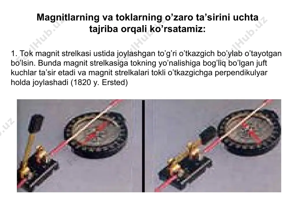 olsak, ni skalyar , ekanligini bu - amper qonunining differensial ko’rinishidir. agar o’tkazgich to’g’ri, chiziqli. uzunligi l va o’tkazgichning butun uzunligi bo’yicha b=const bo’lsa, shu uzunlikka ta’sir etuvchi kuch quyidagicha ifodalanadi: bu amper qonunining integral ifodasi bo’ladi. agar chap qo’l qoidasi va parma qoidasi. magnit maydonidagi tokli kontur induksiya vektori bo’lgan bir jinsli magnit maydoniga i tokli yassi kontur joylashtirilgan. 1-hol. magnit induksiya vektori o’tkazgichning dl1 va dl2 kesmalar bilan ajratilgan dh, qismini ajratib olaylik, amper qonuniga binoan ularga qarama qarshi yo’nalgan ikki juft kuchlar ta’sir etadi. o’tkazgich tekisligiga parallel. b dh df1 df2 α1 α2 amper qonuniga ko’ra, kesimlarga ta’sir etuvchi kuchlar va bu yerda b bo’lakning uzunligi, ds – esa uning yuzasi. agar butun kontur yuzani parallel bo’laklarga bo’lib, ularga ta’sir etuvchi juft kuchlarning kuch momentlarini yig’ib chiqib, butun konturga qo’yilgan natijaviy momentni olamiz: 2-hol. kontur tekisligiga perpendikulyar joylashgan. formulaga asosan o’tkazgichning ixtiyoriy kichik kesimiga qo’yilgan kuchlar kontur …