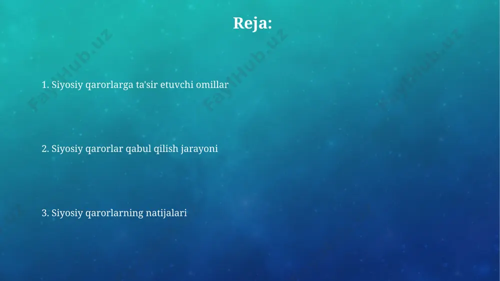 samarqand viloyatida a partiyasiga ovoz bergan, bu siyosiy qarorlarni shakllantirishda mintaqaviy omillar muhimligini tasdiqlaydi. siyosiy qarorlarni qabul qilish jarayonida 3 bosqichdan — muammo aniqlash, 5 ta variantni tahlil qilish va 2/3 ko'pchilik ovozi bilan tasdiqlashdan iborat bo'lgan parlamentdagi ovoz berish jarayoni muhim rol o'ynaydi. natijalarni baholash va monitoring 2022-yilgi prezident saylovi natijalarini tahlil qilishda, 15 ta viloyatdan olingan ma’lumotlarga ko‘ra, saylov ishtirokining pasayishi kuzatildi, bu esa kelgusi siyosiy strategiya ishlab chiqishda hisobga olinishi kerak. toshkent shahrida 2023-yilgi mahalliy kengash saylovlarini kuzatish natijalariga ko‘ra, 30% saylovchilarning saylov jarayonida ishtiroki past bo‘lgani, 70% saylovchilarning faol ishtirok etganligi kuzatildi, bu nomzodlarning saylovoldi kampaniyasini takomillashtirish zarurligini ko‘rsatadi. muammoning aniqlanishi va tahlili samarqand viloyatida 2016-yilda oʻtkazilgan mahalliy kengash saylovlarida 5 ta nomzod ishtirok etdi, ularning har biri turli siyosiy partiyalarni ifodalagan va saylov natijalari mintaqadagi siyosiy kuchlar balansini aks ettirdi. 2005-yildagi oʻzbekiston prezident saylovlarida 90% dan ortiq ovoz bilan islom karimov qayta saylandi, bu natija …