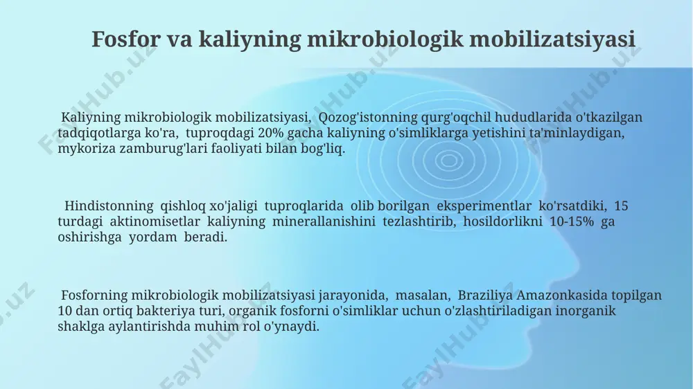 sh orqali yer sayyorasining ekologik muvozanatini saqlashda muhim rol o'ynaydi. tropik hududlarda, masalan, amazon o'rmonlarida, azot fiksatsiyasi jarayonining intensivligi yuqori bo'lib, tuproq unumdorligini ta'minlaydi, bu erda turli bakteriyalar va siyanobakteriyalar faol ishtirok etadi. azot fiksatsiyasi jarayonida 1 gektar yerga 100 kg gacha azotni bog'lashga qodir bo'lgan rhizobium bakteriyalari, asosan, dukkakli o'simliklarning ildiz tugunchalarida faol ishlaydi. mikroorganizmlarning o'simlik ozuqalanishidagi ahamiyati azotni bog'lovchi bakteriyalar, masalan, rhizobium turlari, dukkakli o'simliklar ildizlarida yashab, yillik 1 gektar maydonda 100 kg gacha azotni bog'lab, o'simliklarning o'sishiga hissa qo'shadi. psudomonas va bacillus kabi rizosfer bakteriyalari, o'simliklarga fito-gormonlar ajratib, o'sishni 15-20% ga tezlashtiradi va qoraqalpog'iston singari tuproqlarning tuzilishini yaxshilaydi. mikoriza zamburug'lari, o'simliklarning fosfor va boshqa ozuqaviy elementlarni 70% gacha samaraliroq singdirishini ta'minlaydi, bu esa dunyo bo'ylab, jumladan o'zbekistonning cho'l hududlarida ham hosildorlikni oshirishga yordam beradi. biofertilizerlar va ularning qo'llanilishi o'zbekistonning qishloq xo'jaligida 2023 yilda bioo'g'itlarning qo'llanilishi 15% ga oshdi, bu esa hosildorlikning 10-15% ga o'sishiga olib keldi, ayniqsa …