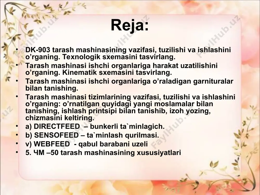 vchi elementlarning vazifalari aniqlanadi. talabalar tarash mashinasini yurgizish va to’xtatish tartibi hamda kompyuter boshqaruvi bilan tanishishadi. dk-903 tarash mashinasining kinematik sxemasi 1-bosh barabanni harakatlantiruvchi elektrodvigatel, 2-ta`minlovchi valikni xarakatlantiruvchi dvigateli, 3-webfeed tizimini harakatlantiruvchi dvigatel, 4-ajratuvchi mexanizmga harakatlantiruvchi dvigatel, 5-tarandi ajratuvchi mexanizmni harakatlantiruvchi dvigatel, 6-shlyapkalarni harakatlantiruvchi dvigatel, 7-shlyapkalarni tozalash qurilmasini harakatlantiruvchi dvigatel, 8-tozalovchi valikni harakatlantiruvchi dvigatel tarash jarayonida garnituralarning vazifasi va ahamiyati aniqlanadi. tutamini alohida tolaga ajratish, uni ushlab turish, nuqsonlarni tushirib yuborish va tolalarni boshqa ishchi organ garniturasiga uzatish holatlari aniqlanadi. garnitura turlari dastlab ko’rgazmali namunada, so’ngra tarash mashinasining ishchi organlarida o’rganiladi. mashinaning qabul, bosh, ajratuvchi barabanlari va shlyapkalari garnituralari bilan tanishiladi. . tarash mashinasi garnituralari tarash mashinasi garnituralari a) qabul barabani uchun, b) bosh baraban uchun, v) ajratuvchi baraban uchun directfeed tizimini o’rganishda bunkerning ustki va pastki sektsiyalarini tuzilishiga ahamiyat beriladi. tolali mahsulot tutamlarining titilishini va bir tekis qatlam shakllanishini ta`minlovchi omillar aniqlanadi.bunkerning pastki sektsiyasi eni bo’yicha tolali mahsulotning bir …