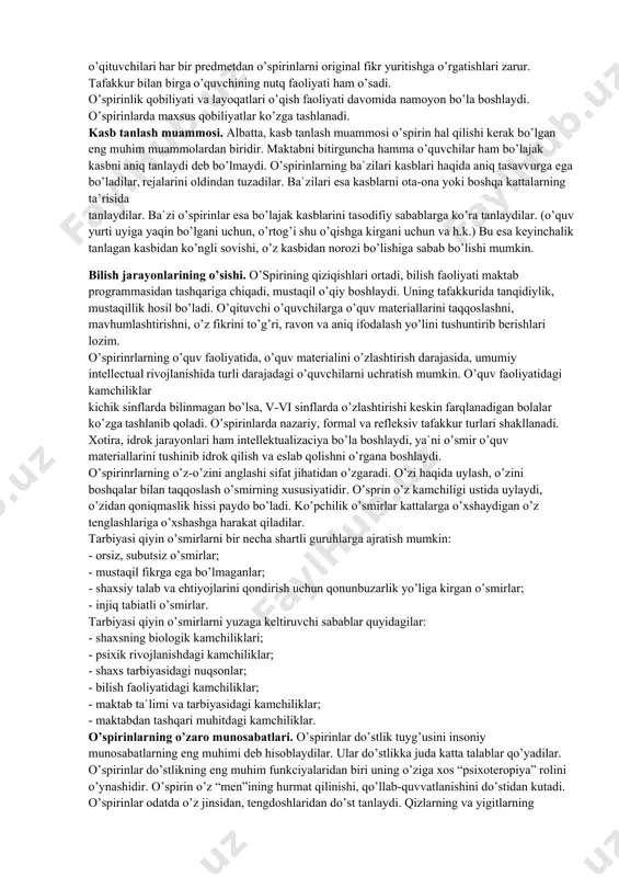 rch vijdon hissi, o’z qadr-qimmatini sezish kabi xislatlardir. umuman, o’z-o’zini anglash - quvonchli, hayajonli hodisadir. ayni vaqtda bu his dramatik xavotirli kechinmalarga ham sabab bo’lishi mumkin. o’spirin kechinmalarida asosiy o’rinni kelajak haqidagi o’ylar egallaydi. o’spirnilar uchun yana bir muhim kechinma o’zining tashqi ko’rinishi haqidagi o’ylardir. juda ko’pchilik o’spirinlar o’z tashqi ko’rinishini o’zgartirishni xohlagan bo’ladilar. tashqi ko’rinishlaridagi ozgina kamchilik ular uchun “fojia” darajasiga ko’tariladi. umuman, refleksiyaning o’sishi, o’z “men”iga qiziqishning ortishi barcha o’spirinlarga xos xususiyat. lekin bu kechinmalar shaxs rivojlanishining qiyinchiliklari bo’lib, o’tkinchi xarakterga ega, umuman olganda o’spirinlik juda baxtli davr sifatida esda qoladi. o’spirinlarda refleksiyaning kechishi ko’pgina ijtimoiy, individual-tipologik,biografik omillarga bog’liqdir. o’spirinlar aql-idrokining xususiyatlari. bu yoshda o’quvchilarda bilish jarayonlari kichik yoshdagilar kabi intensiv o’smasa-da, lekin mustahkamlanib, stabillashib boradi. o’spirinlarda barcha faoliyat turlarida mustaqil fikr yurita olmaslik ularning jiddiy kamchiligidir. fan o’qituvchilari har bir predmetdan o’spirinlarni original fikr yuritishga o’rgatishlari zarur. tafakkur bilan birga o’quvchining nutq faoliyati ham o’sadi. o’spirinlik qobiliyati …