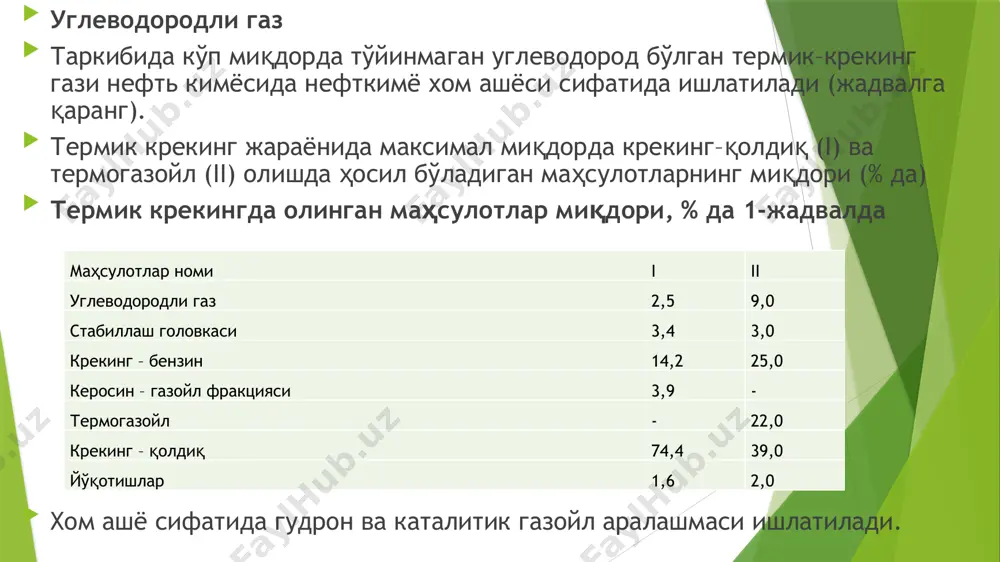 кокслаш жараёнининг энг катта эффективлиги, ҳосил бўлаётган ҳамма маҳсулотларни ўз ўрнида тўла ишлатилганда кузатилади. углеводород таркиби бўйича аста–секин кокслаш газлари термик крекинг газлариникига яқин бўлиб, нефткимёвий синтез учун хом ашё бўлиб хизмат қилиши мумкин. кокслаш бензини қуйи сифатли (мотор усули бўйича октан сони 60-67, олтингугурт миқдори 1-2%) бўлгани учун уни ишлатишдан олдин тозаланиши ва бошқа жараёнларни ўташи лозим. уни гидротозалаш ва каталитик риформингга учратиш лозим. кокслаш бензини таркибида тўйинмаган углеводородларнинг кўплиги (37-60%) – уни нефткимё маҳсулотларини ишлаб чиқаришларда (масалан, оксосинтез) қимматбаҳо хом ашё ҳисобланади. керосин–газойл фракцияси газ турбина ва мотор ёқилғиларининг компоненти сифатида, каталитик крекинг ва қурум ишлаб чиқариш хом ашёлари сифатида қўлланилади. каталитик крекинг каталитик крекингда углеводород реакциялари занжирли карбокатион механизми бўйича кетади. крекинг билан бирга углеводородлар жараён шароитларида алкиллаш, изомеризация, полимеризация, гидрирлаш ва деалкиллаш реакцияларига киришади. юқори октанли бензинлар ва юқори концентрацияли пропан–пропилен ҳамда бутан – бутилен фракциялари олиш мақсадида турли хилдаги дистиллат ва қолдиқ хом ашёлар каталитик …