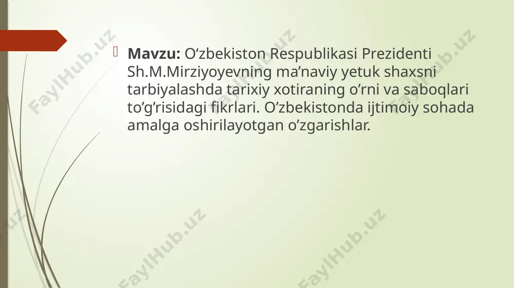 ni qaratdi: “bugungi forumning nechog‘li muhim va dolzarbligi uning “markaziy osiyo: yagona tarix va umumiy kelajak, barqaror rivojlanish va taraqqiyot yo‘lidagi hamkorlik” deb nomlanishidan ham yaqqol ko‘rinib turibdi. bizning mintaqamiz xalqlarini ming yillik qardoshlik va yaxshi qo‘shnichilik rishtalari bog‘lab turadi. bizni tarix, din, umumiy madaniyat va an’analar birlashtiradi”. prezident shavkat mirziyoyev 2018 yil 12 dekabrda toshkentdagi oʻzbekiston islom tsivilizatsiyasi markazi quriladigan hududga tashrif buyurib, qurilish ishlari bilan yaqindan tanishgan vaqtdida davlat rahbari markazni pardozlash va jihozlashni takomillashtirish boʻyicha koʻrsatmalar berish bilan bir qatorda, koʻrgazmalar zalida oʻzbekiston tarixi davrlar boʻyicha, har bir asr, har bir allomaga oid manbalar va ashyolar asosida namoyish etilishi zarurligini taʼkidladi. “hamma oʻz tarixini ulugʻlaydi. lekin bizning mamlakatimizdagidek boy tarix, bobolarimizdek buyuk allomalar hech qayerda yoʻq. bu merosni chuqur oʻrganishimiz, xalqimizga, dunyoga yetkaza bilishimiz kerak. bu markazga kelgan odam tariximiz haqida toʻla tasavvurga ega boʻlishi, katta maʼnaviyat olib ketishi zarur”, - dedi mirziyoyev. o‘zbekiston respublikasi prezidentining «o‘zbekiston …