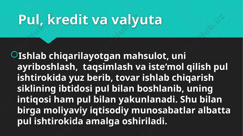 day qilib, iqtisoddagi ikkala tomon ham har birida atigi 100 dollarga ega bo'lsa ham, 400 dollarlik bitimlar amalga oshirdi. pulning aylanish tezligi va iqtisodiyot pul massasining o'sishi nazariy jihatdan narxlarning mutanosib o'sishiga olib kelishi kerak, chunki iqtisodiyotda bir xil darajadagi tovarlar va xizmatlarni ta'qib qiluvchi ko'proq pul mavjud. pul massasining kamayishi bilan buning aksi bo'lishi kerak. boshqa tomondan, tanqidchilar qisqa muddatda pulning aylanish tezligi juda o'zgaruvchan va narxlar o'zgarishlarga chidamli bo'lib, pul massasi va inflyatsiya o'rtasida zaif va bilvosita bog'liqligini ta'kidlaydilar. pul aylanish tezligiga ta'sir etuvchi omillar pul taklifi: pulning aylanish tezligi pul taklifiga teskari bog'liqdir. markaziy bank tomonidan pul taklifi ko'paytirilsa, iqtisodiy operatsiyalarning tezligi ham oshadi. bu inflyatsiyaga olib kelishi mumkin. iste'molchi xatti-harakati: tezlikka iqtisodiy sub'ektlarning xatti-harakatlari ham ta'sir qiladi. iste'molchilar xarajatlarni emas, balki tejashni birinchi o'ringa qo'yganlarida, tranzaktsiyalar tezligi sekinlashadi va pul aylanish tezligi pasayadi. iste'molchilar xarajatlarni birinchi o'ringa qo'yganda, pul aylanish tezligi tezlashadi. to'lov tizimlari: pulning aylanish …