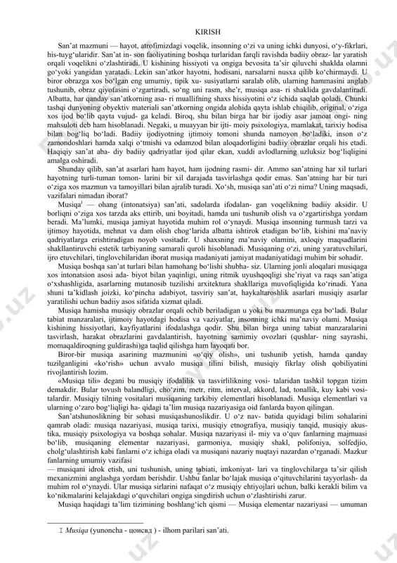 i o‘zi nima? uning maqsadi, vazifalari nimadan iborat? musiqa[footnoteref:2] — ohang (intonatsiya) san’ati, sadolarda ifodalan- gan voqelikning badiiy aksidir. u borliqni o‘ziga xos tarzda aks ettirib, uni boyitadi, hamda uni tushunib olish va o‘zgartirishga yordam beradi. ma’lumki, musiqa jamiyat hayotida muhim rol o‘ynaydi. musiqa insonning turmush tarzi va ijtimoy hayotida, mehnat va dam olish chog‘larida albatta ishtirok etadigan bo‘lib, kishini ma’naviy qadriyatlarga erishtiradigan noyob vositadir. u shaxsning ma’naviy olamini, axloqiy maqsadlarini shakllantiruvchi estetik tarbiyaning samarali quroli hisoblanadi. musiqaning o‘zi, uning yaratuvchilari, ijro etuvchilari, tinglovchilaridan iborat musiqa madaniyati jamiyat madaniyatidagi muhim bir sohadir. [2: musiqa (yunoncha - цоисвд ) - ilhom parilari san’ati.] musiqa boshqa san’at turlari bilan hamohang bo‘lishi shubha- siz. ularning jonli aloqalari musiqaga xos intonatsion asosi ada- biyot bilan yaqinligi, uning ritmik uyushqoqligi she’riyat va raqs san’atiga o‘xshashligida, asarlarning mutanosib tuzilishi arxitektura shakllariga muvofiqligida ko‘rinadi. yana shuni ta’kidlash joizki, ko‘pincha adabiyot, tasviriy san’at, haykaltaroshlik asarlari musiqiy asarlar yaratilishi …