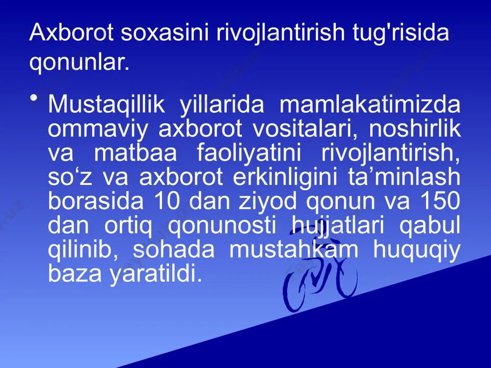lari ma’qullansin. o‘zbekiston respublikasi vazirlar mahkamasi ikki hafta muddatda agentlik faoliyatini tashkil etish to‘g‘risidagi o‘zbekiston respublikasi prezidentining qarori loyihasini tayyorlab, belgilangan tartibda kiritsin. o‘zbekiston respublikasi vazirlar mahkamasi ikki hafta muddatda agentlik faoliyatini tashkil etish to‘g‘risidagi o‘zbekiston respublikasi prezidentining qarori loyihasini tayyorlab, belgilangan tartibda kiritsin. o‘zbekiston respublikasi prezidentining “matbuot va axborot sohasida boshqaruvni takomillashtirish to‘g‘risida” 2002-yil 3-iyuldagi pf-3103-sonli farmoni o‘z kuchini yo‘qotgan deb hisoblansin. mazkur farmonning bajarilishini nazorat qilish o‘zbekiston respublikasining bosh vaziri a.n. aripov va o‘zbekiston respublikasi prezidentining davlat maslahatchisi x.m. sultonov zimmasiga yuklansin. so’z va axborot erkinligi soʻz erkinligi — insonning asosiy shaxsiy va fuqarolarning siyosiy huquklaridan biri; hozirgi davrda aksariyat mamlakatlarda "axborot erkinligi" deb ataladigan umumiy huquqning tarkibiy qismi. oʻz fikrini ommaviy tarzda (ogʻzaki va ommaviy axborot vositalaridan foydalangan holda yozma) bayon etish imkoniyatini bildiradi. soʻz erkinligiga demokratiya koʻrinishlaridan biri sifatida qaraladi. oʻzbekistonda soʻz erkinligi oʻzbekiston respublikasi konstitutsiyasida nazarda tutilgan. konstitutsiyaga koʻra, "har kim fikrlash, suz va eʼtiqod …