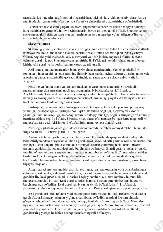 kabi jarayonlarda shaxsning o’zligi namoyon bo’ladi. odamdagi o’zlik uning xulq-atvorida, boshqalar bilan munosabatlarida, irodaviy harakatlarida, qobiliyati va qiziqishlarida ifodalanadi hamda uning ijtimoiy mavqyeini belgilaydi. odam shaxs bo’lib dunyoga kelmaydi, balki u ijtimoiy taraqqiyot jarayonida shaxslik belgilariga ega bo’la boradi. hadisi sharifda aytilganidek, har bir go’dak islom tabiatida tug’iladi, so’ng ota-onasi uni yo yahudiy, yo nasroniy, yo majusiy qiladi. demak, odamning shaxsiy xususiyatlarini u mansub bo’lgan ijtimoiy-tarixiy sharoitdan, uning bu sharoitda egallagan mavqyeidan ajralgan holda qarash mumkin emas. tarixiy sharoit va ijtimoiy muhit ta’sirida odamning shaxslik mohiyatini ifodalovchi psixologik belgilar vujudga keladi. bu xususiyatlar shaxsning ijtimoiyligi, ongi, o’z-o’zini anglashi, aniq maqsad sari intilish ehtiyojlari, e’tiqodi, ideali va dunyoqarashi kabilardir. amaliy faoliyat jarayonida shaxsning boshqalar bilan bo’lgan munosabatlari yig’indisi uning ijtimoiyligidir. odam boshqalar bilan munosabatda bo’lgandagina unda ong paydo bo’ladi va psixik hayot muayyan mazmun kasb etadi. odam ongining yuksak belgisi o’z-o’zini anglashidir. bu sifat odamning subyektiv ravishda o’z “men”ini his qilishida …