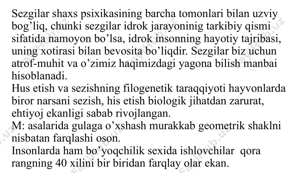 ining asosiy hususiyati bo'lib, uni boshqa sezgi turlaridan farqlaydi va ayni shu sezgi turi doirasida o'zgarib turadi. sezgining jadalligi uning miqdorini ifoda etadigan hususiyat bo'lib, ta'sir kelayotgan qo`zg`atuvchining kuchi va reteptorning funksional holati bilan belgilanadi. sezgining davomiyligi uning vaqtinchalik hususiyati hisoblanadi. bilinar – bilinmas sezgi hosil qiluvchi qo`zg`tuvchining minimal kuchi sezgirlikning quyi chegarasi deyiladi. miya po‘stlog‘ining chakka qismi buzilganda, inson yuzini tanish javobgarligi yo‘qoladi va bu kasallik prosopagnoziya deb nomlanadi. unda sezgilari normal, lekin idroki normal emas. unga notanish chexrani ko‘rsatishganda u bunga e’tibor beraydi. unga tanish chexrani ko‘rsatishganda, avtonom nerv sistemasi reaksiyasi shuni ko‘rsatadiki u xavotirlanadi va terlashni boshlaydi, lekin bu inson kimligini aytib bera olmaydi. miyani buzilganligi sababli, u ma’lumotlarni sxema bo‘yicha tepadan pastga qarab ishlolmaydi – to‘plangan bilimlarni sensor ma’lumotlar bilan bog‘lay olmaydi. interoretseptiv sezgilarning fiziologik mehanizmlari interosepsiya bilan birgalikda k.m.bikov, v.n. chernigovkiylar tomonidan atroflicha o'rganilgan. ularning fikriga ko'ra, bu narsalarning barchasi shartli reflektor faoliyati mehanizmlaridan kelib …