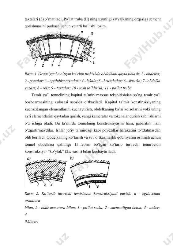 qoplanadi. ishlar maxsus jihozlangan, shpurlarni burg’ilash uchun podmostlari bo’lgan, armaturani joylashtirishga va betonlashga imkon beradigan platformalar ustidan olib boriladi. tonnel buzilishini davom etishidan himoyalash va suv o’tkazmaslik qobiliyatini oshirish uchun beton obdelkaning buzilgan ichki yuzasini torkretlash qo’llaniladi. obdelka materiali anchagina buzilgan bo’lsa, beton metall setka ustiga torkretlanadi. kapital ta’mir paytida obdelkani kuchaytirishning eng samarali usuli-armatura setkalari, torkretlash yoki beton sachratish bilan birgalikda qo’llangan ankerlardir. beton obdelkaning ko’tarish qobiliyatini, suv o’tkazmaslik ko’rsatkichlarini oshirish va obdelkani o’rab turgan grunt massivini mahkamlash uchun sementlash qo’llaniladi. bunda qorishma obdelkani to’la qalinligi bo’yicha burg’ilangan va qadami 1,5...2,5 metr, shaxmat tartibida joylashgan skvajinalar orqali birlamchi va nazorat purkashni qo’llagan holda purkaladi. purkashdan oldin obdelkaning purkash zonasidagi barcha darzlar va ochiq qolgan choklar sement qorishmasi bilan yaxshilab yopib chiqiladi. 2. tonnellarni quritish tonnel konstruksiyasi elementlariga suvning ta’siri oqibatida tonnel obdelkasining ishlash sharoiti anchagina pasayadi. yer usti va yer osti suvlarining tonnelga ta’sirini yo’qotish uchun, yer usti suvlarini …