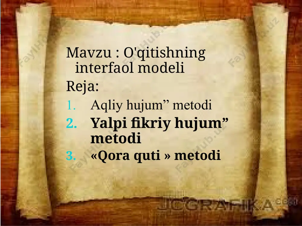 t ajratiladi. morfologiya bo`limiga oid tushunchalarni ajratib, ularning ma’nosini sharhlang. ot so`z turkumi; grammatik ma’no; mustaqil so`z turkumi; bo`g`in; harakat nomi; orttirma nisbat; so`z birikmasi; sinonim ,antonim,paronim so`zlar; hozirgi va kelasi zamon; ko`makchi fe’l; qo`shimcha; so`zning o`z va ko`chma ma’nosi; bog`lovchi,ko`makchi, yuklama; rang –tus sifatlari; ibora; chama son; tasviriy ifoda; harf; imlo; qo`shma so`zlar. «qizil va yashil rangli kartochkalar bilan ishlash » metodi o`qituvchi tahsil oluvchilarining soniga ko`ra har bir tahsil oluvchi uchun qizil va yashil rangli kartochkalar hamda mavzuga oid savolnoma tayyorlanadi; – savolnomadan “ha” yoki “yo`q” tarzida javob berish mumkin bo`lgan savollar o`rin olgan; –tahsil oluvchilarga qizil rangli kartochkalarning “tasdiq”, yashil rangli kartochkalarning “inkor” ma’nosini anglatishi uqtirib o`tiladi; – tahsil oluvchilar o`qituvchi tomonidan berilgan savollarga “tasdiq” yoki “inkor” ma’nolarini anglatuvchi kartochkalarni ko`rsatish asosida javob qaytaradilar. umumiy o`rta ta’lim maktablarining viii sinfida “iqtisodiy bilim asoslari” fani bo`yich tashkil etilgan mashg`ulot jarayonida “ qizil va yashil rangli kartochkalar bilan ishlash” …