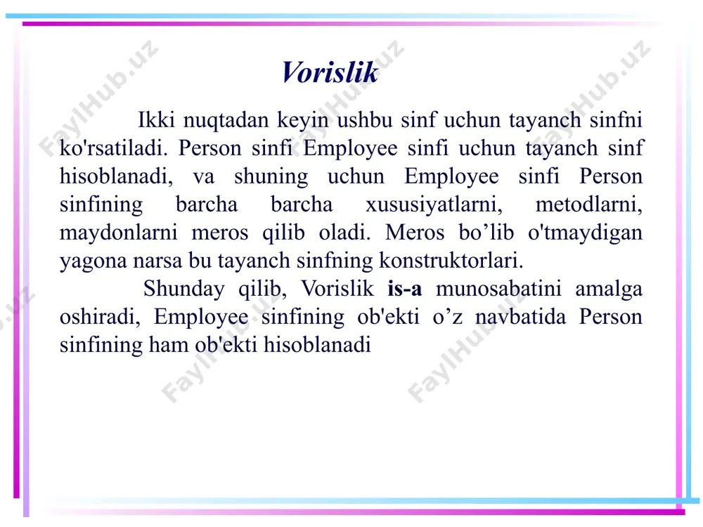 a agar tayanch sinfda kelishuv bo'yicha parametrsiz konstruktor aniqlanmagan, faqat parametrlarga ega bo'lgan konstruktorlar aniqlangan (person bazaviy sinfda bo'lgani kabi) bo’lsa, u holda hosilaviy sinfda biz ushbu konstruktorlardan birini base kalit so'z yordamida chaqirishimiz kerak. masalan, employee sinfidan konstruktorni olib tashlimiz: class employee : person { public string company { get; set; } } 15 hosilaviy sinflarda konstruktorlar bu holda xatolik yuz beradi, chunki "employee" sinfi "person" sinfiga to'g'ri kelmaydi, ya'ni u tayanch sinfning konstruktorini chaqirmaydi. agar bir xil xususiyatlarni o'rnatadigan biron bir konstruktorni qo'shsak ham, xatolik yuz beradi: public employee(string name, string company) { name = name; company = company; } 16 hosilaviy sinflarda konstruktorlar ya'ni, employee sinfida base kalit so'z orqali person sinfining konstruktori oshkor ravishda chaqirilishi kerak: public employee(string name, string company) : base(name) { company = company; } yoki, muqobil variant sifatida tayanch sinfda parametrsiz konstruktor aniqlash kerak bo’ladi: 17 hosilaviy sinflarda konstruktorlar class person { …