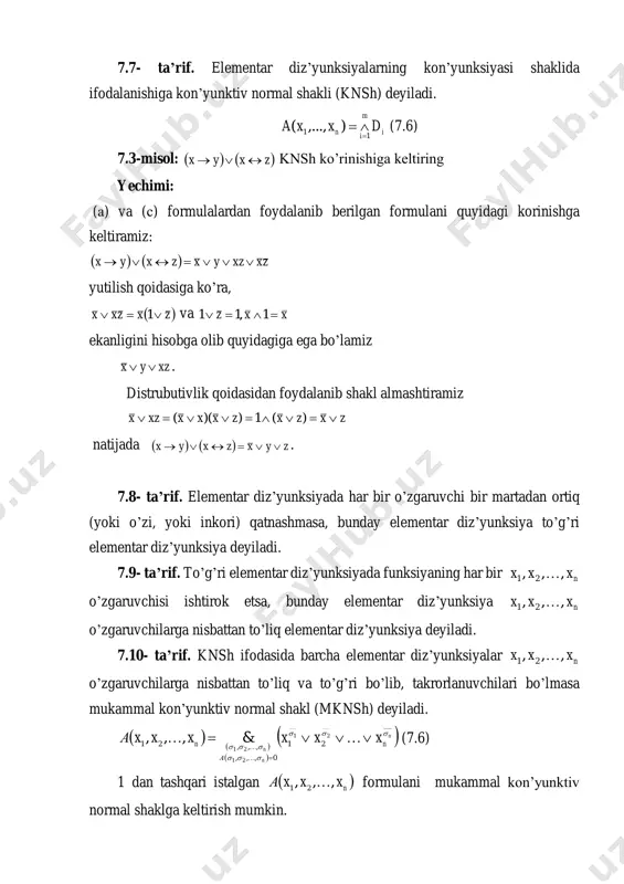 z’yunksiyalarni) mavjud bo’lmaydi. 2. birorta ham elementar kon’yunksiyada (elementar diz’yunksiyada) ikkita bir xil o’zgaruvchi qatnashmaydi. 3. elementar kon’yunksiyada (elementar diz’yunksiyada) birorta o’zgaruvchi o’zining inkori bilan birgalikda qatnashmaydi. 4. to’liq elementar kon’yunksiyada (elementar diz’yunksiyada) formulaga kiruvchi barcha ix o’zgaruvchi, yoki uning inkori bo’lgan ix o’zgaruvchi qatnashadi. mantiq algebrasidagi arifmetik amallar. jegalkin ko‘phadi. mantiq algebrasidagi arifmetik amallar. {0,1} bul algebrasidagi konyunksiya amali oddiy arifmetikadagi 0 va 1 sonlar ustidagi ko‘paytma amaliga mos keladi. ammo 0 va 1 sonlarini qo‘shish natijasi {0,1} to‘plam doirasidan chetga chiqadi. shuning uchun i.i.jegalkin2 moduliga asosan qo‘shish amalini kiritdi. x va y mulohazalarni 2 moduli bo‘yicha qo‘shishni yx  deb belgilaymiz. 2 moduli bo‘yicha qo‘shish, odatda, chinlik jadvali bilan beriladi (7.3-jadvalga qarang). 7.3-jadval x y yx  0 0 0 0 1 1 1 0 1 chinlik jadvalidan ko‘rinib turibdiki, yxyx  bo‘ladi. mantiq algebrasidagi ko‘paytma va 2 moduli bo‘yicha qo‘shish mantiq amallari uchun kommutativlik, assotsiativlik va distributivlik …