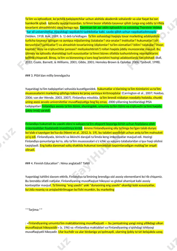 mining ijobiy imiji va obro'sidan foydalanish imkoniyatini qo'lga kiritdi. 2009 yilda ta'lim va madaniyat vazirligi "dunyodagi yetakchi ta'limga asoslangan iqtisodiyotlardan biriga aylanish imkoniyatlarini" o'rganish uchun ishchi guruh tuzdi (moec, 2010, b. 5). shundan so'ng, finlandiya ta'lim brendini mustahkamlashga investitsiya kiritdi. uning strategik ahamiyati, 2010 yilda ta'lim finlandiyaning milliy brendi asosiy elementi bo'lishi bilan belgilanadi, bu esa rasmiy "mamlakat brendi hisoboti"da "finlandiya dunyoning eng murakkab muammolarini qanday hal qiladi" deb yozilgan (cbr, 2010). 2009-yilda ta'lim va madaniyat vazirligi finlyandiyaning "dunyoning yetakchi ta'limga asoslangan iqtisodiyotlaridan biriga aylanishi" imkoniyatlarini o'rganish uchun ishchi guruh tuzdi (moec, 2010, 5-bet). natijada, finlyandiya ta'lim brendini kuchaytirishga sarmoya kiritdi. mamlakat brendi delegatsiyasining milliy brend yaratish va ta'lim brendini birlashtirishga bo'lgan urinishlari "finnish education®" – finlandiya ta'limi brendi degan tushunchaga olib keldi. ushbu maqolaning maqsadi, qanday qilib ushbu hujjat finlandiya ta'lim brendini yaratishini va uning aslida nima anglatishini o'rganishdir. biz finlandiya ta'limining brendini qanday qilib tashkil etilganini va targ'ib …