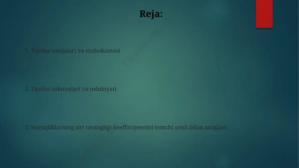 va haroratga bogʻliq. suyuqlikning sirt tarangligi molekulalararo kuchlar ta'sirida hosil bo'ladi va bu kuchlar suyuqlikning ichki qismidagi molekulalarga qaraganda sirt qatlamidagi molekulalarga kuchliroq ta'sir qiladi. tomchi usuli prinsipial sxemasi tayyorlangan tajriba natijalarini ishlov berishda, kamida 5 ta turli diametrdagi kapillyarlardan foydalanib, har biri uchun kamida 10 marta o'lchov olish tavsiya etiladi, bu takrorlanuvchanlikni oshirishga yordam beradi. tomchi usulida yuza tarangligi koeffitsientini aniqlashda, suyuqlikning bir tomchisining og'irligini 20-30 marta o'lchab, o'rtacha qiymatni aniqlanadi va bunda xatolik 2% dan oshmasligi kerak. adabiyotlar tajriba natijalarini qayta ishlashda 0,01% gacha bo'lgan xatolik chegarasi bilan o'rtacha kvadrat usuli va regressiya tahlili kabi 3 ta matematik usul qo'llanildi. o'lchovlarning aniqligini oshirish uchun turli xil suyuqliklar uchun 5 dan ortiq har xil kalibrli kapillyarlar qo'llanilgan va olingan natijalar statistik tahlil qilingan. natijalar va xulosalar olingan natijalar, suyuqlikning yuzaki taranglik koeffitsienti (γ) qiymatlarini 72,5 mn/m dan 73,2 mn/m gacha oralig'ida ekanligini ko'rsatdi, bu adabiyotlardagi ma'lumotlarga yaqin. o'rtacha xatolik …
