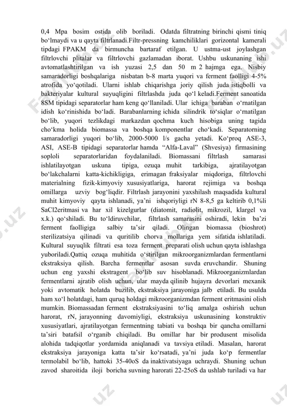 lik barabanli quritgichlarning ichki tomonida parraksimon kurakchalar mavjud bo‘lib, bara6an 6-8 min-1tezlikda aylanishi hisobiga quritilayotgan materialni bir tekisda tarqalishini va quritilishini ta’minlaydi. shuning uchun bunday tipdagi quritgichda quritilgan mahsulot butun massasi bo‘ylab bir xil namlikka ega bo‘ladi. ushbu quritgichda mikroorganizm bo‘lakchalari 3-7 min. davomida quritiladi, berilayotgan issiqlik tezligi 2-3 m/s, 80-850s haroratda hamda chiqishda esa 60-65os bo‘ladi va quritilayotgan material harorati 400s ga teng bo‘ladi. quritish jarayonida atigi 3-10% gacha ferment faolligi yo‘qotilishi mumkin.mikroorganizmlarni quritishda ishlatiladigan quritgichlarning yana bir turi – germetik berk bo‘lgan lentali bug‘ konveyerli quritgichdir. bunday qurilmalarda fermentning faolligi ko‘p yo‘qotiladi, lekin ular ixcham va yuqori samaradorlikka ega.qattiq ozuqa muhitida o‘stirilgan mikroorganizmlarni quritish uchun har xil konstruksiyali quritgichlardan foydalanish mumkin, qaysiki mahsulotning faolligi pasayishini minimumgacha tushirishni, uning quritgichda 5-8 min. davomida bo‘lishi va chiqishida 40-42os dan pastda bo‘lishini ta’minlaydi. tayyor quruq mikroorganizmlar maxsus qoplash mashinalarida 25-40 kg qilib qoplanadi va tayyor mahsulotlar omboriga yuboriladi.ko‘pchilik produsentlar sintez qilgan …