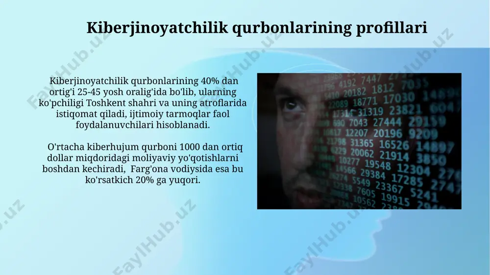i omilli autentifikatsiya va antivirus dasturlardan foydalanish tavsiya etiladi. kiberjinoyatchilarning motivatsiyasi kiberjinoyatchilarning 70% dan ortig'i moliyaviy foyda olish maqsadida, xususan, 2022-yilda aqshda 6 milliard dollardan ortiq zarar yetkazgan firibgarlik sxemalari orqali harakat qiladi. jahon miqyosida 2023-yil hisobotiga ko'ra, 30% dan ortiq kiberhujumlar ma'lumotlarni o'g'irlash va raqobatbardoshlikni pasaytirish maqsadida rivojlangan davlatlarda amalga oshirilgan. qonunchilikdagi bo’shliqlar qonunchilikdagi noaniqliklar, ayniqsa, 2010 yildan keyin qabul qilingan 5 dan ortiq qonunlarda aniqlangan bo'lib, elektron to'lov tizimlarini himoya qilishda samarali bo'lmaganligi o'zbekiston kabi rivojlanayotgan mamlakatlarda kiberjinoyatchilikning ko'payishiga olib keladi. o'zbekistondagi kiberxavfsizlik bo'yicha qonunlarning texnologik taraqqiyotga moslashmaganligi, jumladan, sun'iy intellekt va kriptovalyuta sohasidagi 3 yildan ortiq kechikish, yangi turdagi kiberjinoyatlarning paydo bo'lishiga sabab bo'ladi. xalqaro hamkorlik жаҳон кибержиноятчилигига қарши курашишда 195 давлатдан иборат interpol каби халқаро ташкилотларнинг роли муҳим бўлиб, улар киберхуружлар тўғрисидаги маълумотларни ўзаро алмашиш ва қўшма операциялар ўтказиш орқали ҳамкорлик қиладилар. 2022 йилдаги маълумотларга кўра, россия ва хитой каби давлатларда кибержиноятчилик даражаси юқори бўлиб, бу …