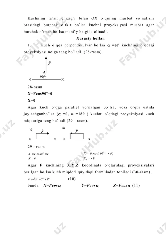 gi proyeksiyasi. statika masalalarini analitik yo`l bilan yechish usuliga o’tamiz. bu usul kuchning o`qdagi proyeksiyasi tushunchasiga asoslangan. kuchi va ox o`qi berilgan bo`lsin (27-rasm). kuchni shu o`qdagi proyeksiyasini topamiz. buning uchun shu kuchning boshidan va uchidan ox o`qiga perpendikulyarlar tushiramiz. ab, ed kuchning proyeksiyasidir. 27-rasm kuchni o`qdagi proyeksiyasini yoki x bilan belgilay-miz. ab = x ed = x va larni topish uchun a va d nuqtalardan ox o`qiga parallel qilib x o`qini o`tkazamiz u holda avs va dem hosil bo`ladi. avs dem lardan foydalanamiz. x=ac=ab (9) (9) formula kuchni o`qdagi proyeksiyasini ifodalaydi. kuchni biror o`qdagi proyeksiyasi kuch miqdori bilan kuchning shu o`q musbat yo`nalishi bilan tashqil qilgan burchagi kosinusiga ko`paytmasiga teng. kuchning o`qdagi proyeksiyaisi musbat va manfiy ishora bilan olinadi. kuch o`qning musbat tomoniga qarab yo’nalsasa kuchni proyeksiyasi musbat aksincha manfiy bo`ladi. kuchning ta’sir chizig`i bilan ox o`qining musbat yo`nalishi orasidagi burchak o’tkir bo`lsa kuchni proyeksiyasi musbat agar burchak o’tmas …
