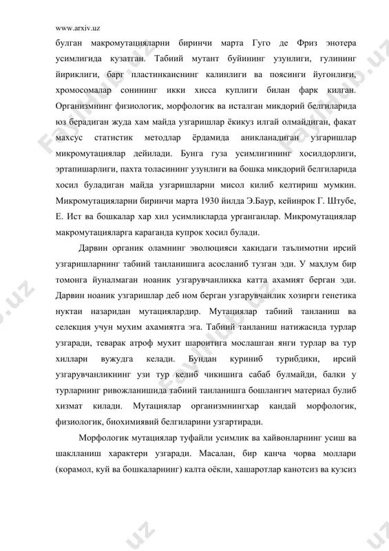лардаги мутациялар навбатдаги бугиннинг зигота боскичида намоён булади. агар мутация доминант булса, биринчи бугин дурагайнинг зиготасида, агар рецессив булса, кейинги (f2f3 ва хоказо) бугинларда, яҳни гомозигота холатга утиш вактида хосил булади. соматик мутациялар уз табиатига кура, генератив мутациялардан фарк килмайди, факат жинсий йул билан купаядиган организмларда учрайдиган соматик мутациялар эволюция учун ва селекция практикаси учун хечкнадай ахамиятга эга эмас. чунки бундай мутациялар (одам сочида бир туп ок пайдо булиши, бир кузнинг кора, иккинчисининг очрок булиши, коракул терида кора догнинг пайдо булиши ва хоказолар) кейинги бугинга утмайди. жинссиз йул билан купаядиган организмлардаги соматик мутациялар селекция учун катта ахамиятга эга. масалан, баҳзан усимлик новдаларида бошкалардан фарк киладиган барг, гул ва мевалар пайдо булади. бундай узгарувчанлик поянинг усиш нукталаридаги меристема тукима хужайраларининг мутацияланиши натижасида хосил булади. бундай куртак мутацияси (спорт) дейилади, усимликлар вегетатив йул билан купайтирилганда улар сакланиб колади. кизил коракат (смородина) бутасида ок мевалар хосил булиши бунга мисол булади. куртак мутациясидан селекция …