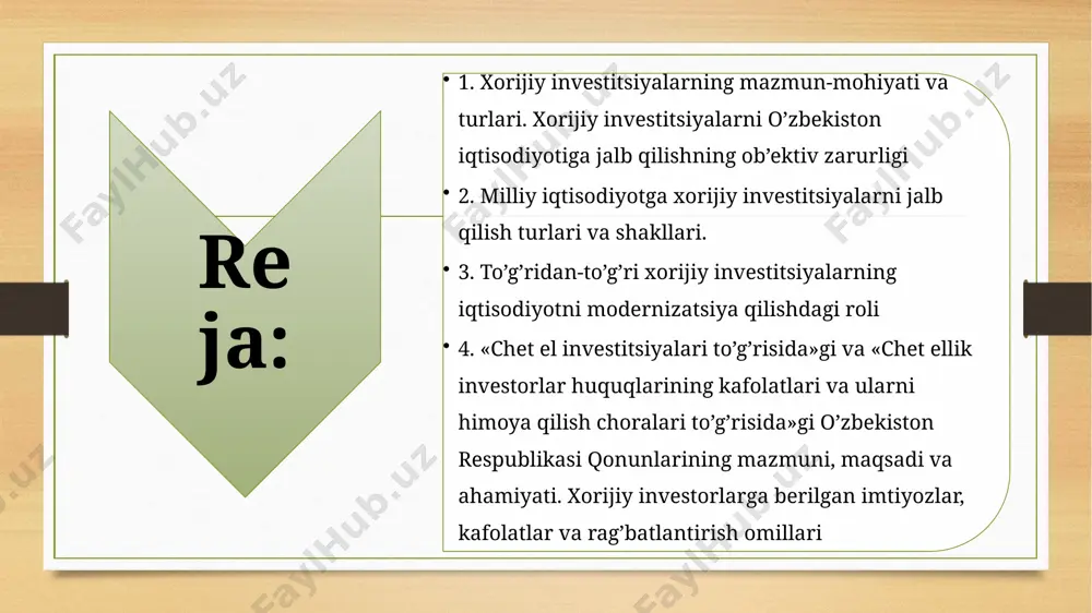 vestitsiya muhitining o’zgarishi bilan tavsiflanadi va natijada mamlakatlar va mintaqalar bo’ylab kapital ko’chishi yuz beradi». ushbu fikrlardan shunday xulosa qilish mumkinki, xorijiy investitsiyalar bir mamlakat iqtisodiyotidan mutloq boshqa davlat iqtisodiyotiga ko’chuvchi kapital bo’lib, u risklar doirasi kengligi bilan ichki investitsiyalardan farqlanadi. «chet el investitsiyalari to’g’risida»gi o’zbekiston respublikasi qonunining 3-moddasida: «chet el investorlari asosan daromad (foyda) olish maqsadida tadbirkorlik faoliyati va qonun hujjatlarida taqiqlanmagan boshqa turdagi faoliyat ob’ektlariga qo’shadigan barcha turdagi moddiy va nomoddiy boyliklar va ularga doir huquqlar, shu jumladan, intellektual mulkka doir huquqlar, chet el investitsiyalaridan olingan har qanday daromad o’zbekiston respublikasi hududida chet el investitsiyalari», deb e’tirof etilgan. xorijiy investitsiyalarni mulkchilik shakliga ko’ra xususiy, davlat, xorijiy va aralash investitsiyalarga tasniflash maqsadga muvofiqdir. xorijiy investitsiyalarni yo’nalish ob’ektiga qarab, moliyaviy va real investitsiyalarga ham ajratish mumkin. rivojlangan mamlakatlarda moliyaviy investitsiyalarning tarkibida asosiy o’rinni xususiy mulk egalarining investitsiyalari tashkil etadi. . 2. milliy iqtisodiyotga xorijiy investitsiyalarni jalb qilish turlari va shakllari …