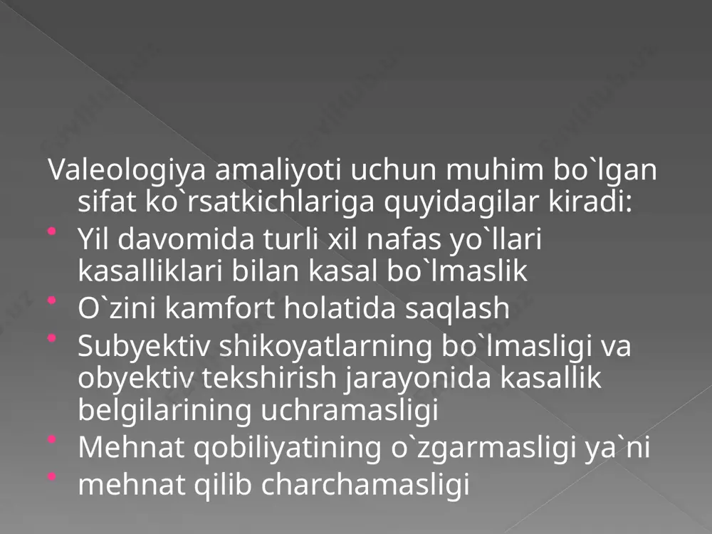 iste`mol qilish jarayoni hisoblanadi. iste`mol qilinadigan mahsulat insonni faqat ulg`ayishi uchungina emas , uning sog`lom bo`lishini ham taminlay bilishi zarur. shu sababli taom iste`moliga katta ahamiyat berish kerak. taom iste`mol qilganda avvolo me`yorni saqlay bilish zarur. uzoq vaqt taom tanovvul qilmay yurib so`ng ko`p miqdorda taom iste`moli tanani og`irlashtiribgina qolmay unga bir muncha zarar ham yetkazadi valeologiya amaliyotida salomatlikning immunologik asosi va irsiy salomatlik muammolari salomatlik deganda organizmning insonning ijtimoiy madaniy turmush sharoitida o`zining genetik dasturini maksimal darajada amalga oshirish imkonini beruvchi holati tushiniladi. bunday nuqtai nazardan salomatlikni hech bo`lmaganda , 3 jihatdan : individual, yosh va tarixiy jihatdan dinamik tushuncha sifatida qarash kerak bo`ladi. sog`lom turmush tarzining valeologik asoslari sog`lom turmush tarzi bu- inson hayoti va salomatligi xavfsizligini ta`minlashga xizmat qiluvchi ko`nikmalarga ega bo`lish asosida hayotiy faoliyatni yo`lga qo`yish hamda salomatlikning yuqori darajada bo`lishiga erishishni ta`minlovchi ijtimoiy hodisadir. bunday nuqtai nazardan salomatlikning hech bo`lmaganda 3 jihatdan yosh tarixiy jihatdan …