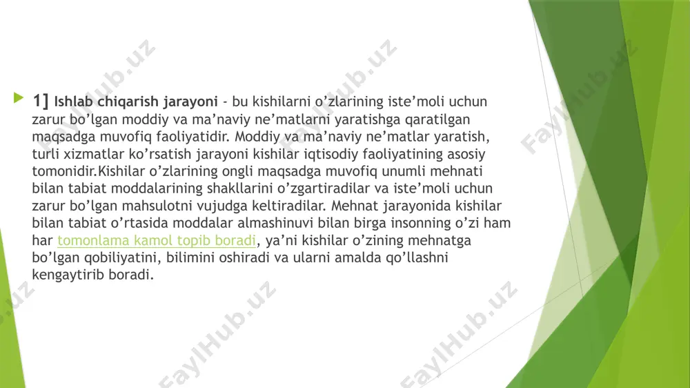 tlar yaratiladi, xizmat ko’rsatish sohalarida esa turli xil ma’naviy ne’matlar yaratiladi va xizmatlar ko’rsatiladi. bu ikki soha bir-biri bilan chambarchas bog’langan holda rivojlanadi va bir-biriga ta’sir ko’rsatadi. respublika milliy iqtisodiyotida tovarlar ishlab chiqarish va xizmat ko’rsatish sohalarining yaimdagi mutloq miqdori va nisbiy ulushi quyidagi ma’lumotlar bilan tavsiflanadi 2] jamiyat taraqqiyotini moddiy bazasi ishlab chiqarish bilan hosil qilinadi. ishlab chiqarish mehnatga yaroqli bo’lgan ish kuchi bilan ishlab chiqarish vositalarini ko’tilishi va uni harakatga keltirilishi tufayli moddiy ne‘matlar hosil qilishdir. resurs - bu ishlab chiqarish va xizmat ko’rsatishga ishlatiladigan hamda qo’llaniladigan moddiy-ashyoviy bo’lib, tabiiy, moddiy, iqtisodiy, moliyaviy va hokazo kabi vositalardan tashkil topadi. inson faoliyati moddiy va nomoddiy ne‘matlar yaratishga qaratilar ekan, avvalo ishlab chiqarishni tashkil etmoq kerak. ishlab chiqarishni tashkil etish resurslarni talab qiladi. ular quyidagilardan iboratdir: 1. ishchi kuchi; 2. mehnat qurollari; 3. mehnat vositalari. ishchi kuchi - mehnatga qobiliyati bo’lgan har bir insonning ma‘lum maqsadlar yo’lidagi aqliy va jismoniy …