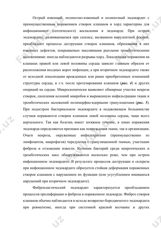аемых массивными рыхлыми тромботическими наложениями: иногда наблюдаются разрывы хорд. локализация поражения на клапанах правой или левой половины сердца зависит главным образом от расположения входных ворот инфекции, а при вторичном эндокардите также от исходной локализации врожденных или ранее приобретенных изменений структуры сердца, в т.ч. после протезирования клапанов (рис. 4) и других операций на сердце. микроскопически выявляют обширные участки некроза створок, скопления колоний микробов и выраженную инфильтрацию ткани и тромботических наложений полиморфно-ядерными гранулоцитами (рис. 5). при подостром бактериальном эндокардите в подавляющем большинстве случаев поражаются створки клапанов левой половины сердца, чаще всего аортального. так как болезнь имеет затяжное течение, в зонах поражения эндокарда определяются признаки как повреждения ткани, так и организации. очаги некроза, окруженные инфильтратами (преимущественно из лимфоцитов, макрофагов) чередуются с грануляционной тканью, участками фиброза и отложении извести. колонии бактерий среди некротических и тромботических масс обнаруживаются несколько реже, чем при остром инфекционном эндокардите. в результате процессов деструкции и склероза при инфекционном эндокардите образуется …