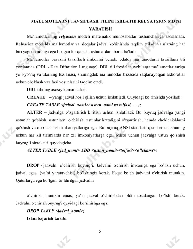 ari yoki dasturiy ta’minotni boshqarishda ko'proq murakkab muammolar uchun doimiy ravishda yaratilayotgan dasturlar sonining oshishi nazarda tutiladi. dml tilining ikki xil turi mavjud - protsedurali va protsedurali bo'lmagan tillar. ular bir-biridan ma’lumotlardan ko'chirma olish usullari bilan farqlanadi. ular o'rtasidagi asosiy farq, protsedurali tillar odatda mb da ketma-ket ravishda axborotlarni qayta ishlaydi, protsedurali bo'lmagan tillar butun yozuvlar to'plamiga birdan operatsiyaga kirishadi. dml tili so’rovlari: select – amal bajaradigan jadvalimizni tanlash, ekranga chiqarish komandasi. sintaksisi esa quyidagicha: select *from // jadvalni to’liq chiqarish select from // jadval ustunlarini chiqarish insert – sql da barcha satrlar ushbu buyruq yordamida kiritiladi. sintaksisi esa quyidagicha: insert into values (“ustun_info”, “ustun_info”, … ); delete – satrlarni jadvaldan o’chirish buyrug’i. sintaksisi esa quyidagicha: delete from where qidiruv_sharti; update – maydon qiymatlarini o’zgartirish buyrug’i. sintaksisi esa 2 hil: update set column=expression; update set column=expression where qidiruv_sharti; ishni bajarish tartibi avvalgi laboratoriya mashg’ulotida uchta jadval yaratgan edik (fakultet, spection, …