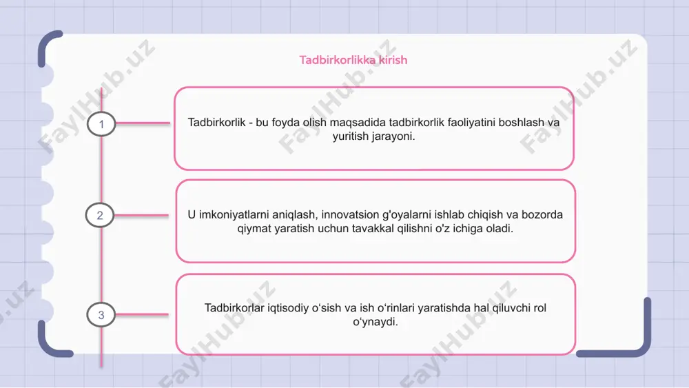 'yish muhimdir. boshqa tadbirkorlar bilan aloqa o'rnatish va aloqa o'rnatish juda muhimdir. o'zingizni qo'llab-quvvatlash va maslahat berishga qodir bo'lgan hamfikrlar bilan o'rab oling. o'z sohangizdagi so'nggi tendentsiyalar va texnologiyalardan xabardor bo'ling. innovatsiyalarni qabul qiling va biznesingizni moslashtirish va rivojlantirishga tayyor bo'ling. e'tiboringiz uchun rahmat
