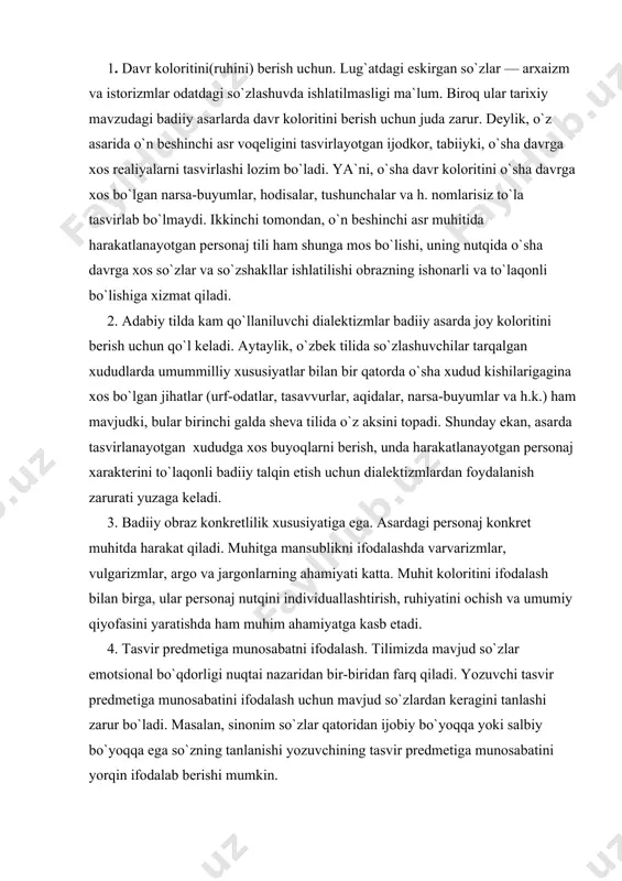 tlilik xususiyatiga ega. asardagi personaj konkret muhitda harakat qiladi. muhitga mansublikni ifodalashda varvarizmlar, vulgarizmlar, argo va jargonlarning ahamiyati katta. muhit koloritini ifodalash bilan birga, ular personaj nutqini individuallashtirish, ruhiyatini ochish va umumiy qiyofasini yaratishda ham muhim ahamiyatga kasb etadi. 4. tasvir predmetiga munosabatni ifodalash. tilimizda mavjud so`zlar emotsional bo`qdorligi nuqtai nazaridan bir-biridan farq qiladi. yozuvchi tasvir predmetiga munosabatini ifodalash uchun mavjud so`zlardan keragini tanlashi zarur bo`ladi. masalan, sinonim so`zlar qatoridan ijobiy bo`yoqqa yoki salbiy bo`yoqqa ega so`zning tanlanishi yozuvchining tasvir predmetiga munosabatini yorqin ifodalab berishi mumkin. semantik satxdagi og`ishlar. ma`lumki, nutq jarayonida biz so`zlarni o`z ma`nosida yoki ko`chma ma`noda qo`llashimiz mumkin. so`zning odatiy ma`nosidan o`zga ma`noda qo`llanishi semantik satxdagi og`ish sanaladi. ko`chma ma`noda qo`llangan so`zlarning umumiy nomi trop (ko`chim) deb yuritiladi. so`z ma`nosi ko`chishining, tropning metafora, metonimiya, sinekdoxa, kinoya singari bir qator ko`rinishlari mavjud. badiiy asarda qo`llanilgan ko`chimlar ishlatilish darajasi, badiiy bo`yoqdorligi, ta`sirdorlik darajasi kabi jihatlaridan bir-biridan jiddiy farqlanadi: a) …