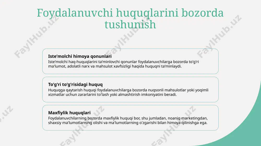 ulot sifati, qulaylik, turli xil mahsulotlar va mijoz xizmati kabi koʻrsatmalarini hisobga oladi. isteʼmolchi haq-huquqlari odamlarni nofaol tijorat amallaridan himoya qiladi va ularning xavfsiz va sifatli mahsulotlarga va xizmatlarga kirishiga ishonch hosil qiladi. foydalanuvchi maxfiyati va ma'lumotlarni himoya qilish. foydalanuvchi maxfiyati muhimligi foydalanuvchi maxfiyati ishonch va muhabbatni saqlash uchun juda muhimdir, masalan, facebook kabi kompaniyalar foydalanuvchi ma'lumotlarini noto'g'ri qo'llash uchun qayg'ular bilan ko'rsatilganidek ma'lumotlarni himoya qilish qonunchiliklari ma'lumotlarni himoya qilish qonunlari, masalan, gdpr yevropada va ccpa kaliforniyada, kompaniyalar uchun foydalanuvchilar ma'lumotlarini mas'ulona boshqarish uchun qoʻllanmalar belgilaydi. kiber-xavfsizlik choralari shifrlash, xavfsizlik devorlari va himoyalovchi autentifikatsiya usullarini amalga oshirish, foydalanuvchi ma'lumotlarini kiber xavf va nafavotlardan himoya qilish uchun zarurdir. bozor tendensiyalari va foydalanuvchi istaklari. yangi bozor tendensiyalari foydalanuvchi xohishlari texnologiyada global bozor ta'siri texnologiya sohasida, ekologik mahsulotlarga yo'naltirish va sun'iy intellektning o'sishi ko'rinadigan bozor tendensiyalari. isteʼmolchilar, qurilmalar orasida toʻliq integratsiyani va shaxsiy tajribani talab qilishadi, bu esa aqlli uy texnologiyasi va kiyim …