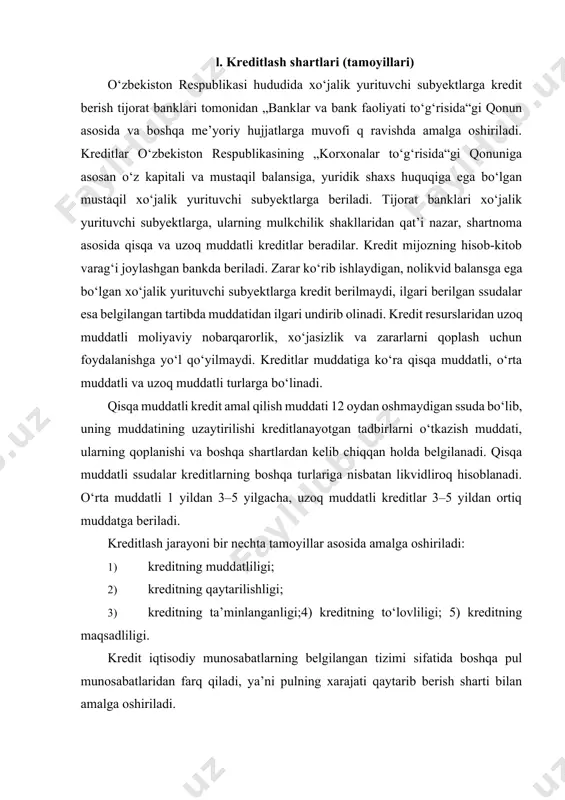 ditning ta’minlanganligi;4) kreditning to‘lovliligi; 5) kreditning maqsadliligi. kredit iqtisodiy munosabatlarning belgilangan tizimi sifatida boshqa pul munosabatlaridan farq qiladi, ya’ni pulning xarajati qaytarib berish sharti bilan amalga oshiriladi. kreditning keyingi tamoyili muddatlilik bo‘lib, u qaytarishlik tamoyili bilan uzviy bog‘liq bo‘ladi. kreditlashning muddatliligi ikki tomonlama xarakterga ega. birinchidan, kreditning mohiyati vaqtincha foydalanishga berilgan mablag‘larning qaytarilishinigina bildirib qolmay, balki bu qaytarilishni aniq muddatlarini belgilashni ham taqozo etadi. kreditning muddati, bir tomondan foydalanishga berilayotgan kredit resurslarining bo‘sh turish muddati bilan belgilansa, ikkinchi tomondan qarz oluvchining mablag‘larga bo‘lgan vaqtinchalik ehtiyojlarining muddatiga bog‘liq. kreditlash muddatliligining bu ikki tomonlama xarakterini inobatga olib vaqtinchalik foydalanishga berilgan mablag‘larni to‘liq va belgilangan muddatda qaytarilishini ta’minlash mumkin. kreditning muddatliligiga rioya qilish banklar uchun ham, qarz oluvchilar uchun ham muhim ahamiyatga ega. buning hisobiga bank kredit resurslarining aylanishini jadallashtirsalar va ulardan oqilona foydalanishga erishsalar, xo‘jaliklar o‘z daromadlarini ko‘paytirish, o‘z va qarz mablag‘laridan foydalanish samaradorligini oshirishlari mumkin. kredit muddatini uzaytirish aksariyat hollarda bankning …