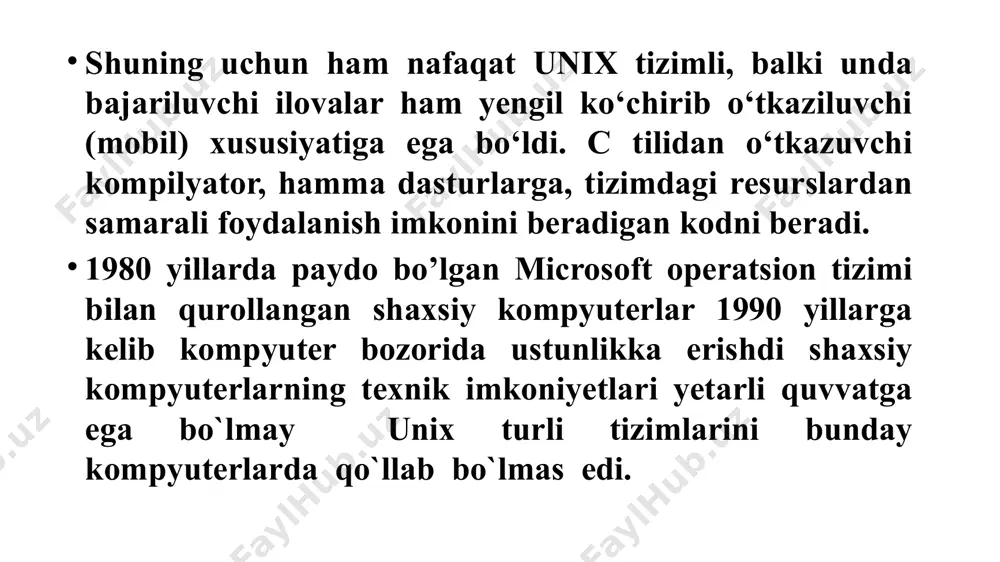 lganligi sababli, yo’l-yo’lakay yangi fayl tizimini yaratadi. 1.2-rasm. linus torval’ds minix tizimida nafaqat masofada kiritish qismi yomon ishlar, balki ishlayotgan dasturni vaqtincha foydalanmasdan, boshqa dasturni ishga tushirish imkoniyati ham yo’q edi. tizimning bu kamchiligni to’g’irlash uchun linusga boshqa haqiqatdan yang operatsion tizim tuzish kerak bo’ladi. dastlab, u sistemali chaqiruvchilarni (yangi tizim qismlarini) ketma-ket dasturlashga urinadi. lekin malumot yetishmaganligi va chaqiruvchilar ko’pligi sababli linus ishni uddalay olmay, o’zining operatsion tizimining yadrosi bilan internetda erkin tarqaliyayotgan bosh-buyruqlar qobiq dasturini ishga tushirmoqchi bo’ladi. qobiq dastur ishga tushayotgan vaqtda tizimning kerakli qismiga murojaat qilinganda to’xtab qolishi sodir bo’lgan. bu holda yosh hakker o’zi yaratgan tizimning yetishmovchi qismini aniqlab, yasagan. natijada, ish juda qiziqarli jarayonda olib borilib, 1991 yilning avgust oyi oxirlarida qobiq dasturi ishga tushadi. bu natija juda katta ahamiyatga ega bo’ladi, chunki linus murakkab qobiq dasturini ishga tushirgach, yana bir necha kerakli dasturlarni yasashga muvofiq bo’ladi. shunday qilib, yangi operatsion tizimning asoslari tayyor …