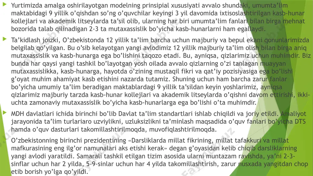 llash, ayni vaqtda ushbu o’quv yurtlaridagi zamonaviy texnika va texnologiyalarni o’zlashtirish imkonini ham beradi. ta’lim jarayonini isloh etish va mehnat bozorida talab qilinadigan yuqori malakali kadrlar tayyorlashda oliy ta’lim muassasalari muhim o’rin egallamoqda. o’tgan davr mobaynida ularning soni ikki barobar ortdi va bugungi kunda mamlakatimizdagi 59 ta universitet va oliy o’quv yurtida 230 mingdan ziyod talaba ta’lim olmoqda 2.mustaqillik yillarida pedagogik fikrlar rivojining asosiy yo’nalishlari. mustaqillik yillarida o’zbekistonda pedagogik fikrlar mazmuni bilan tanishish, ularda ilgari surilgan g’oyalarni umumlashtirish asosida ularning quyidagi asosiy yo’nalishlar bo’yicha rivojlanganligiga guvoh bo’lish mumkin: i. pedagogika fani metodologik g’oyalarining takomillashuvi. 1.totalitar tuzum davrida o’rganilishi ma’n etilgan milliy-pedagogik qarashlarning o’rganilishi va pedagogika faniga olib kirilishi. 2.ijtimoiy-g’oyaviy, iqtisodiy va madaniy taraqqiyotda etakchi o’rin tutuvchi g’oyalarning pedagogik qarashlarda o’z ifodasini topishi. ii. pedagogik bilimlar ijtimoiy-g’oyaviy asoslarining boyishi. 1. ta’lim mazmunida milliy istiqlol g’oyasi va mafkurasi asoslari, insonparvarlik va demokratik qarashlarning aks etishi. 2. milliy-madaniy meros namunalaridan foydalanish, milliy va …