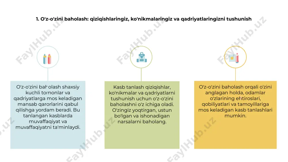 . ular bilan maslahatlashib, odamlar turli martaba imkoniyatlarini yaxshiroq tushunishlari va kelajaklari uchun ongli qarorlar qabul qilishlari mumkin. 8. qaror qabul qilish jarayoni: variantlarni baholash va yaxshi ma'lumotga ega tanlov qilish 1 2 3 2 kasb tanlashda qaror qabul qilish jarayoni hal qiluvchi ahamiyatga ega. bu mavjud turli xil variantlarni baholash va chuqur tadqiqot va tahlillar asosida yaxshi ma'lumotga ega tanlov qilishni o'z ichiga oladi. 1 mansab variantlarini baholashda qiziqishlar, ko'nikmalar, qadriyatlar va bozor talabi kabi omillarni hisobga olish kerak. ushbu jarayon har bir variantning ijobiy va salbiy tomonlarini tushunishga yordam beradi. 3 afzallik va kamchiliklarni o'rganib, odamlar o'zlarining maqsadlari va intilishlariga mos keladigan qaror qabul qilishlari mumkin, bu esa to'laqonli va muvaffaqiyatli martaba yo'liga olib keladi. e'tiboringiz uchun rahmat
