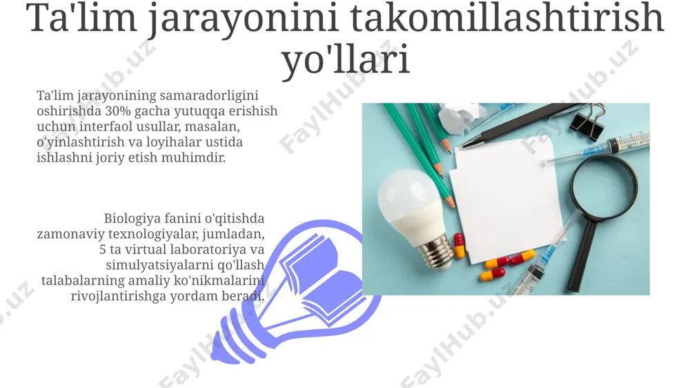 imlik va hayvonot dunyosining o'zaro bog'liqligi haqida chuqur tushuncha shakllantirishga yordam beradi. biologik bilimlarni shakllantirishning turli shakllari o'quv jarayonida zamonaviy axborot texnologiyalari (it) dan foydalanish, virtual laboratoriyalar va 3d modellashtirish yordamida, o'quvchilarning tushunishini 15-20% ga yaxshilashga yordam beradi. interaktiv o'quv usullari (masalan, muammoli ta'lim, loyihalar usuli) biologik bilimlarni shakllantirishda 25% ga yaqin samaradorlikni oshirishi mumkin. biologik ta'lim mazmunining uyg'unligi mazmunning uyg'unligi o'quvchilarda 70% amaliy ko'nikmalarni, 30% nazariy bilimlarni shakllantirishga qaratilgan holda ta'minlanishi lozim. bu nisbatlar maktabning moddiy-texnik bazasiga bog'liq bo'lishi mumkin. biologik ta'lim mazmuni, o'quvchilarda tabiatga hurmat va atrof-muhitni muhofaza qilishga qaratilgan 2 ta asosiy qadriyatni shakllantirishga xizmat qilishi kerak, bu esa 10 yillik o'qitish jarayonida uzluksiz kuzatiladi. biologik ta'limda vositalarning ahamiyati 01 02 biologiya ta'limining samaradorligini 20-30% ga oshirishda zamonaviy o'quv vositalari, jumladan, interfaol doskalar va virtual laboratoriyalar muhim rol o'ynaydi. sales 1st qtr 2nd qtr 100 0 sales 1st qtr 2nd qtr 100 0 e'tiboringiz uchun rahmat @taqdimot_robot …