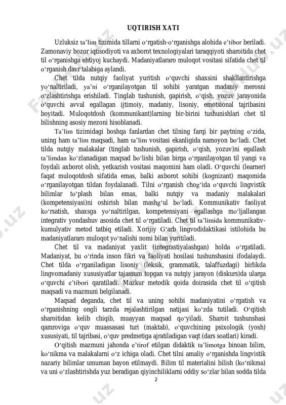 an) holda o‘rgatiladi. madaniyat, bu o‘rinda inson fikri va faoliyati hosilasi tushunshasini ifodalaydi. chet tilda o‘rganiladigan lisoniy (leksik, grammatik, talaffuzdagi) birlikda lingvomadaniy xususiyatlar tajassum topgan va nutqiy jarayon (diskurs)da ularga o‘quvchi e’tibori qaratiladi. mazkur metodik qoida doirasida chet til o‘qitish maqsadi va mazmuni belgilanadi. maqsad deganda, chet til va uning sohibi madaniyatini o‘rgatish va o‘rganishning ongli tarzda rejalashtirilgan natijasi ko‘zda tutiladi. o‘qitish sharoitidan kelib chiqib, muayyan maqsad qo‘yiladi. sharoit tushunshasi qamroviga o‘quv muassasasi turi (maktab), o‘quvchining psixologik (yosh) xususiyati, til tajribasi, o‘quv predmetiga ajratiladigan vaqt (dars soatlari) kiradi. o‘qitish mazmuni jahonda e’tirof etilgan didaktik ta’limotga binoan bilim, ko‘nikma va malakalarni o‘z ichiga oladi. chet tilni amaliy o‘rganishda lingvistik nazariy bilimlar umuman bayon etilmaydi. bilim til materialini bilish (ko‘nikma) va uni o‘zlashtirishda yuz beradigan qiyinchiliklarni oddiy so‘zlar bilan sodda tilda 3 tuchuntirish, ya’ni xatolarning oldini olishga qaratilgan ko‘rsatma ma’nosini bildiradi. ko‘nikma tarkibiga kiradigan amaliy qoida ona tili va chet tilda farqlanadigan …