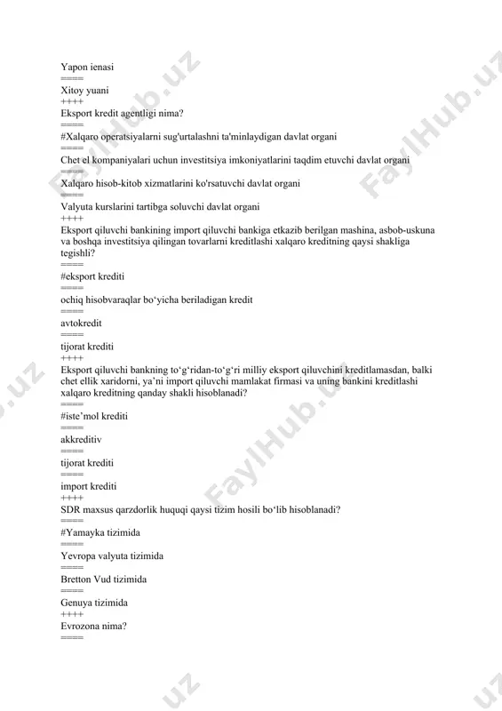 xalqaro moliyaviy tashkilotlar va transmilliy banklar ==== transmilliy kompaniyalar ==== rivojlanayotgan mamlakatlar hukumatlarining mablag‘lari ==== rivojlangan davlatlarning hukumatlarining mablag‘lari ++++ hukumat yoki mahalliy organlar tomonidan chiqarilgan evroobligatsiyalar yirik transmilliy korporatsiyalar, xalqaro tashkilotlar chiqaradigan evroboligatsiyalardan nimasi bilan farq qiladi? ==== #davlat kafolati talab etiladi ==== uzoq muddatli bo‘ladi ==== foizi qat’iy belgilangan bo‘ladi ==== zaxira shakllantiriladi ++++ import va eksport o'rtasidagi farq nima? ==== #import - bu xorijiy davlatdan tovar va xizmatlarni sotib olish, eksport esa xorijiy davlatga tovar va xizmatlarni sotishdir. ==== import - bu xorijiy davlatga tovarlar va xizmatlarni sotish, eksport esa xorijiy davlatdan tovar va xizmatlarni sotib olishdir. ==== ikkalasi ham bir xil vaziyatni tasvirlaydi ==== to'g'ri javob yo'q ++++ inflyatsiya valyuta kurslariga qanday ta'sir qiladi? ==== #yuqori inflyatsiya darajasi mamlakat valyutasining qadrsizlanishiga va valyuta kurslarining oshishiga olib kelishi mumkin ==== past inflyatsiya darajasi mamlakat valyutasining qimmatlashishiga olib kelishi mumkin ==== inflyatsiya valyuta kurslariga ta'sir qilmaydi ==== inflyatsiya …