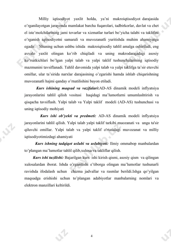 n) va yalpi talab (milliy daromad ishlatadigan) o‛rtasidagi muvozanatning o‛ziga xos ifodasidir. makroko‛lamda milliy ishlab chiqarish hajmining o‛zgarishi bilan birga baholar umumiy darajasining o‛zgarishi o‛rtasida bog‛liqlikni tadqiq qilish, nima uchun milliy ishlab chiqarish hajmi ayrim davrlarda barqaror o‛sishi, ba’zi davrlarda esa pasayib ketishni izohlab berish uchun bu modellardan foydalanib bo‛lmaydi. bu vazifani bajarish uchun yalpi talab - yalpi taklif (ad-as aggregate demand- aggregate supply) modelidan foydalanamiz. bu modelda yalpi taklif, baholarning umumiy darajasi kabi agregat ko‛rsatkichlaridan foydalaniladi. makroiqtisodiyotda ad-as modeli ishlab chiqarish hajmlari va baholar darajalarining tebranishlarini hamda ular o‛zgarishining oqibatlarini o‛rganish uchun bazaviy model bo‛lib hisoblanadi. ad-as modeli yordamida davlat iqtisodiy siyosatining turli variantlari tasvirlab berilishi mumkin. 2. yalpi talab va yalpi talabga ta’sir etuvchi narx va narxdan tashqari omillar iqtisodiyotni muvozanatli rivojlantirib, uning barqaror o’sishini ta’minlashda eng avvalo yalpi talabning mazmunini bilish zarur. yalpi talab (aggregate demand, ad) – barcha istе’molchilar, ya’ni aholi, korxonalar va davlat tomonidan narxlarning …