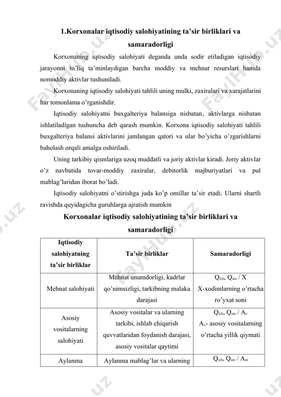 sm / mm mm- moliyalashtirish manbalari tashkiliy va boshqaruv salohiyati tarkibiy tuzilish, korxona imidji, tashkiliy madaniyatning shakllanganligi qich, qsm / bx bx-tashkiliy va boshqaruv xarajatlar marketing salohiyati marketing tizimining yo’lga qo’yilganligi, marketing funksiyalarini bajarilishi, raqobatdoshlik darajasi qich, qsm / mx mx-marketing xarajatlari innovatsion salohiyat innovatsion yangiliklar va ularning amaliyotga joriy etilishi, innovatsion mahsulotlar, innovatsion xarajatlar qich, qsm / ix ix-innovatsion xarajatlar korxona iqtisodiy salohiyatini o’rganishda moddiylik jihatdan resurslarning quyidagi tarkibiy birliklarini ajratish mumkin. moddiy resurslar – moddiy ashyoviy ko’rinishga ega bo’lgan aktivlar (asosiy vositalar, kapital qo’yilmalar, o’rnatiladigan asbob-uskunalar, tovar-moddiy zaxiralar va boshqa moddiy ashyoviy aktivlar) nomoddiy resurslar – moddiy ashyoviy ko’rinishga ega bo’lmagan aktivlar (intellektual aktivlar, moliyaviy aktivlar) moddiy va nomoddiy resurslarni balans moddalariga nisbatan quyidagi turlarini tarkiblash mumkin: asosiy vositalar, nomoddiy aktivlar, kapital qo’yilmalar, uzoq muddatli investitsiyalar, o’rnatiladigan asbob-uskunalar, tovar-moddiy zaxiralar, debitorlik majburiyatlari, pul mablag’lari. balans moddalarini moddiy va nomoddiy resurslar, moliyaviy va moliyaviy bo’lmagan, pul shaklida va pul …